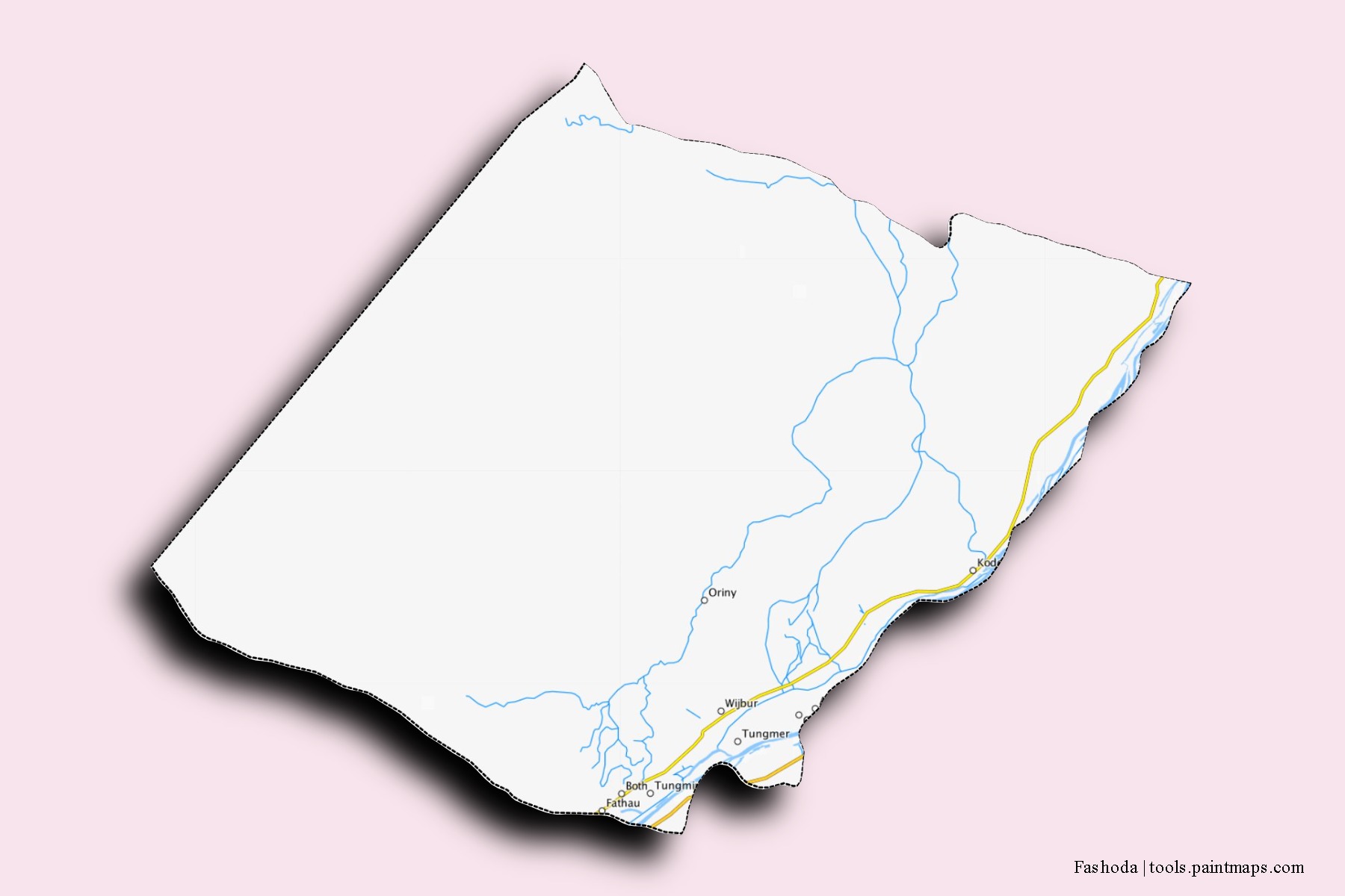 Fashoda neighborhoods and villages map with 3D shadow effect