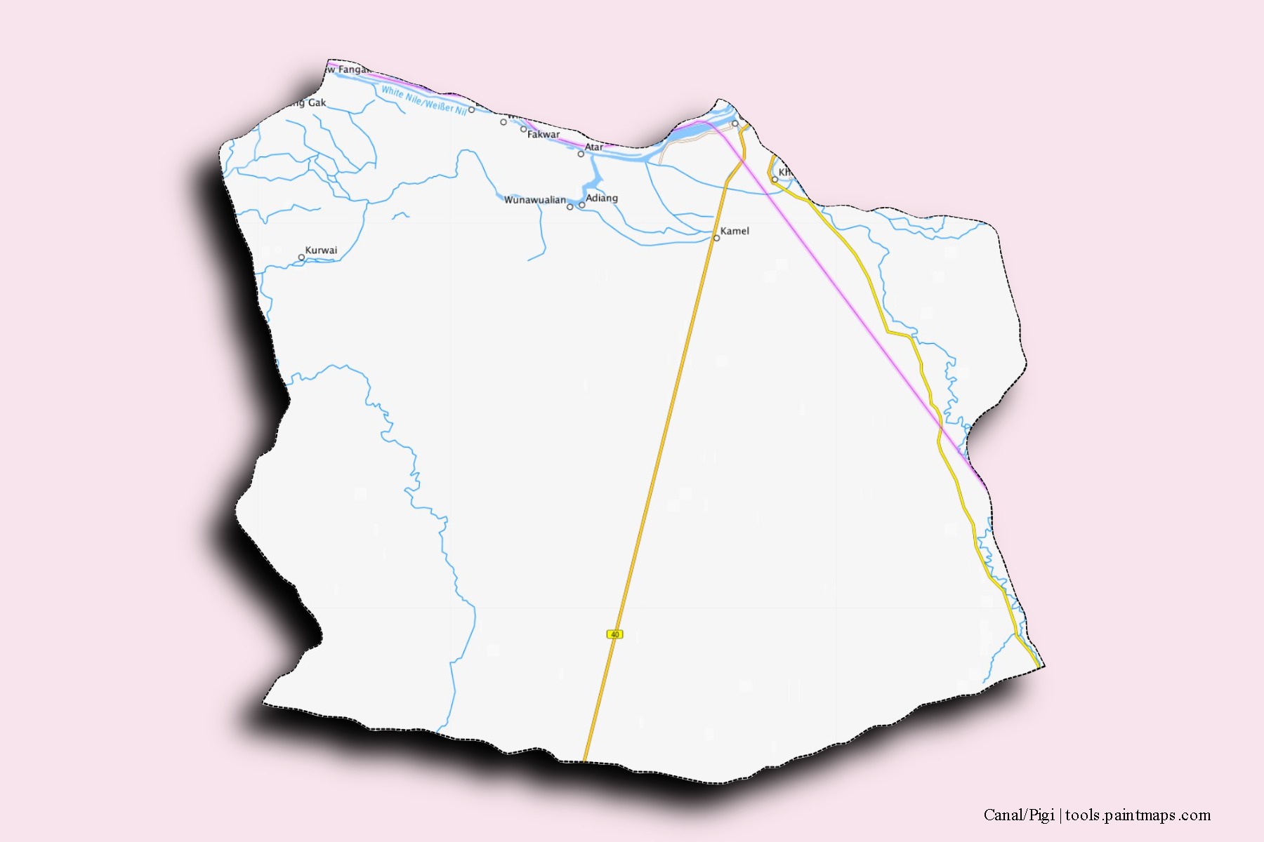 Mapa de barrios y pueblos de Canal/Pigi con efecto de sombra 3D