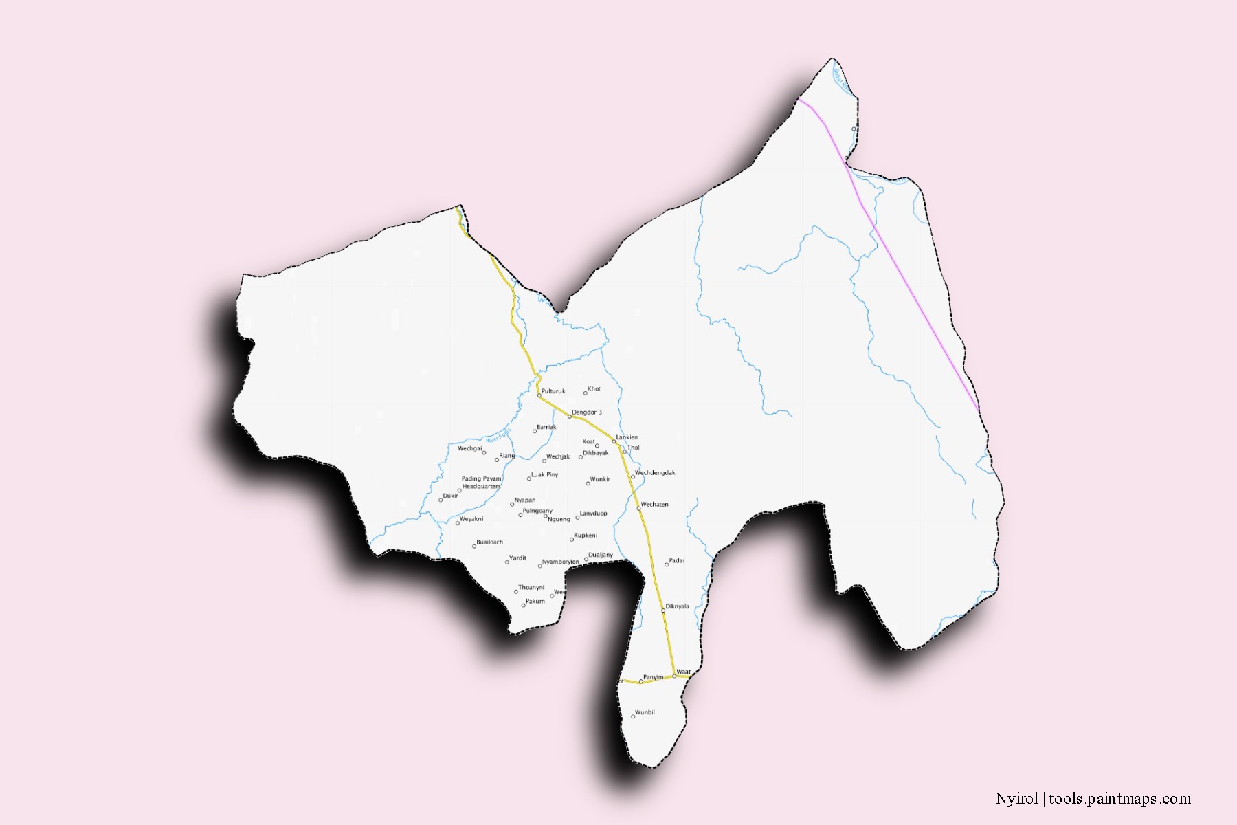 Nyirol neighborhoods and villages map with 3D shadow effect