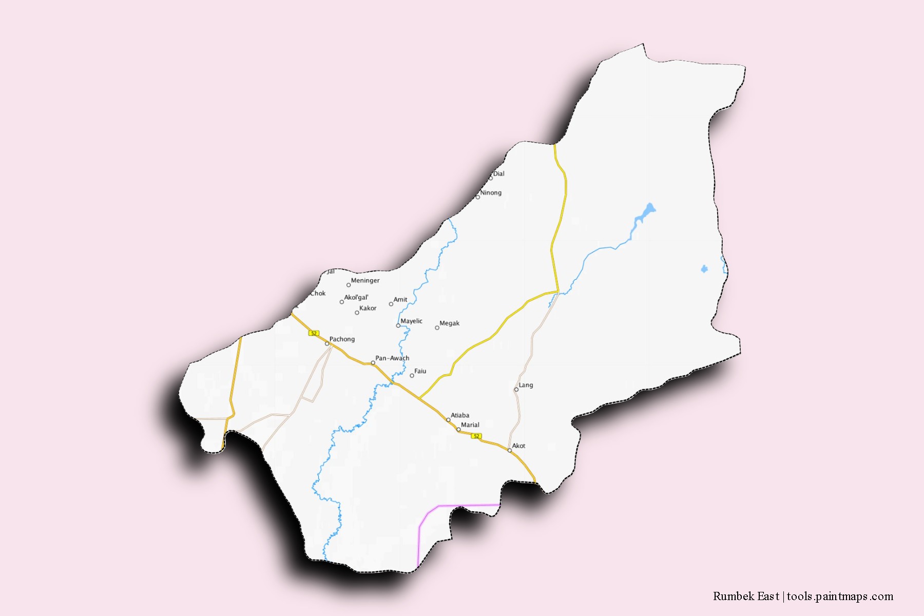 Mapa de barrios y pueblos de Rumbek East con efecto de sombra 3D