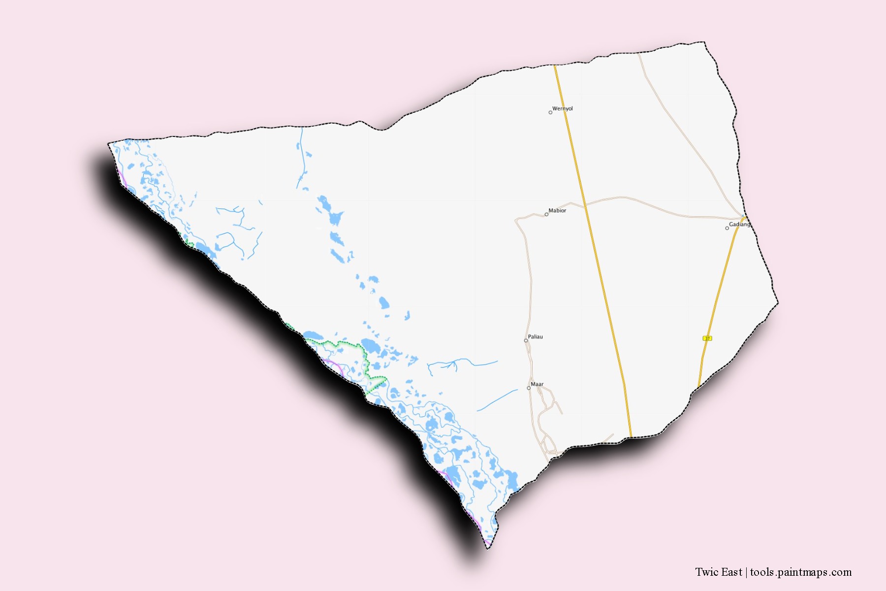 Twic East neighborhoods and villages map with 3D shadow effect