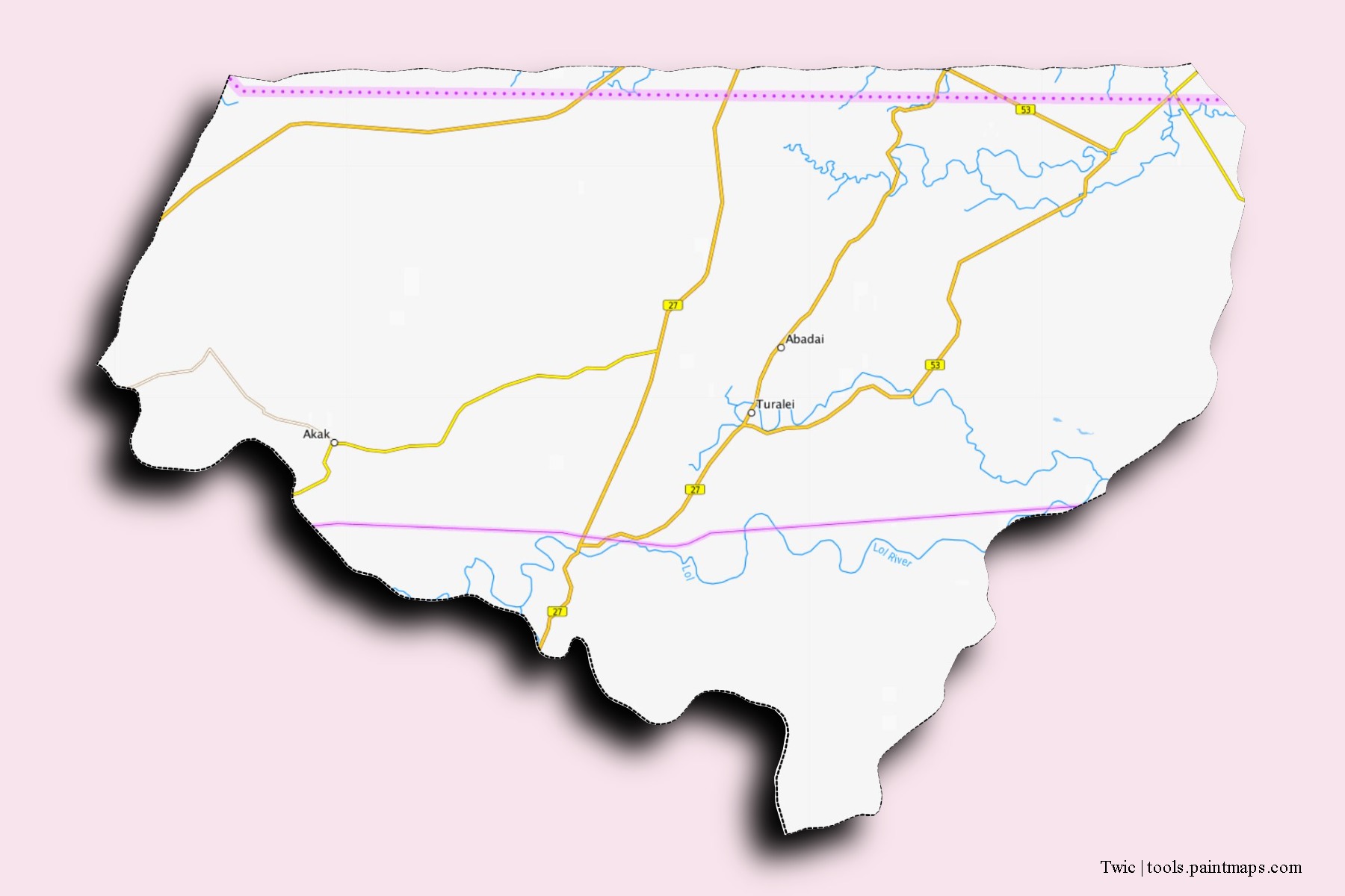 Mapa de barrios y pueblos de Twic con efecto de sombra 3D