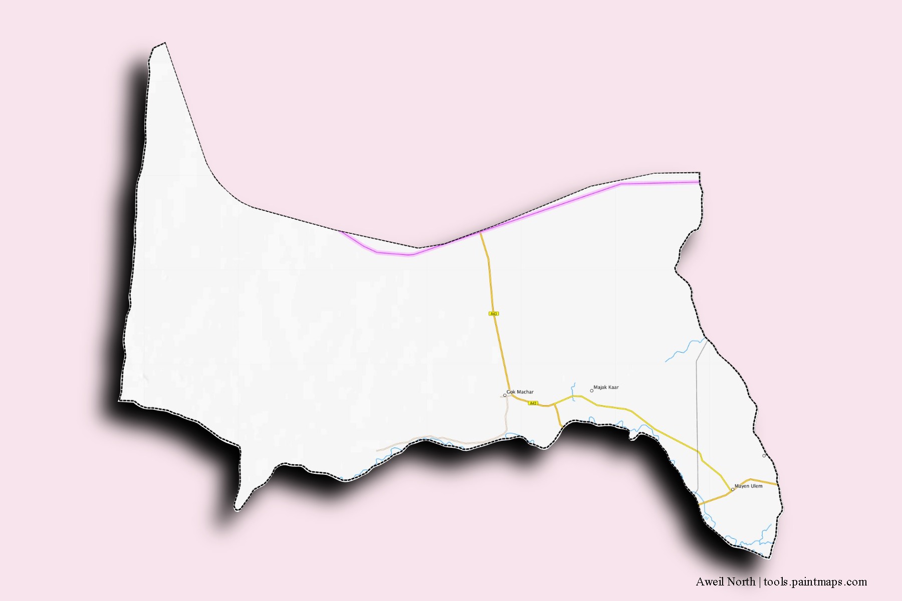 Mapa de barrios y pueblos de Aweil North con efecto de sombra 3D