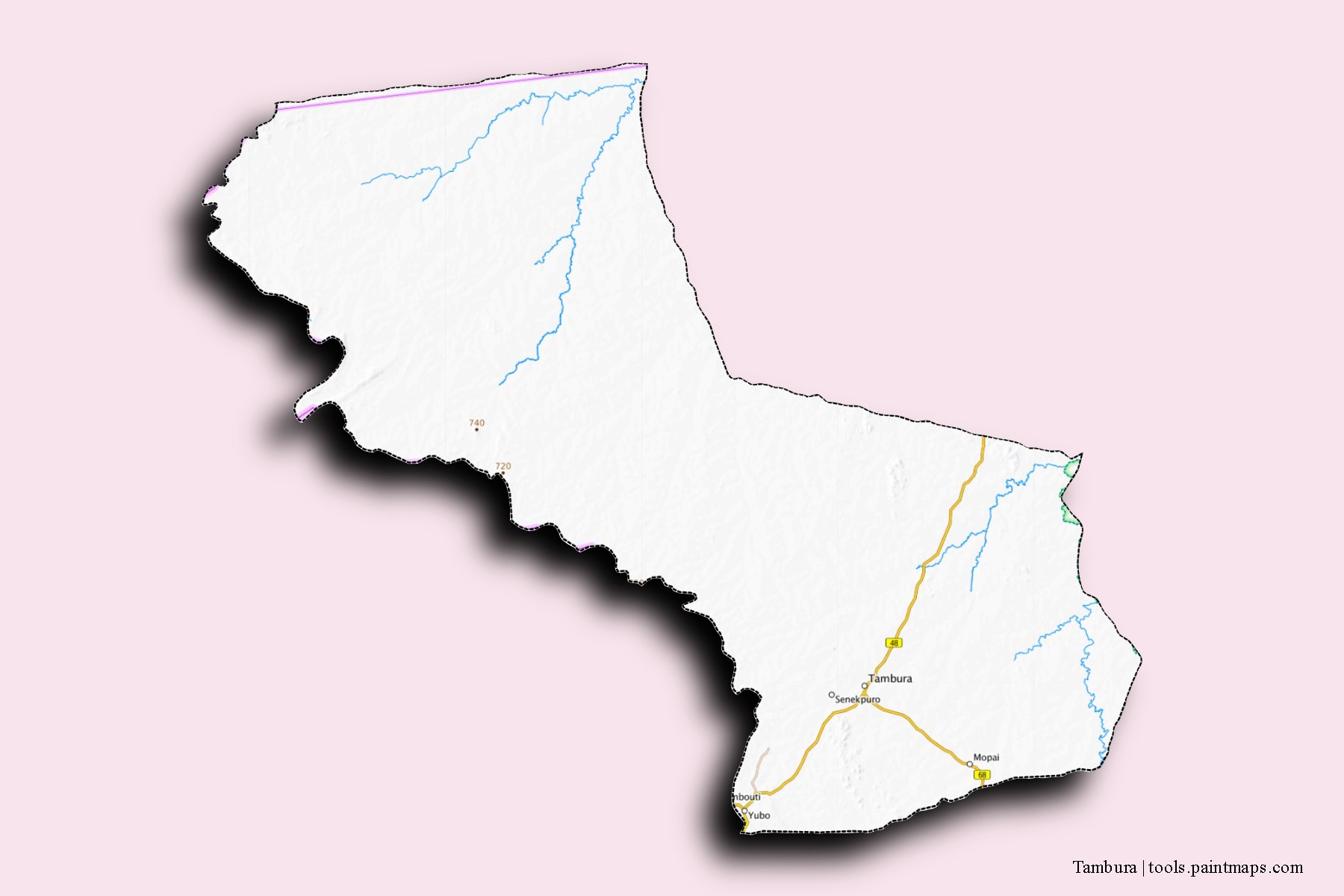 Mapa de barrios y pueblos de Tambura con efecto de sombra 3D