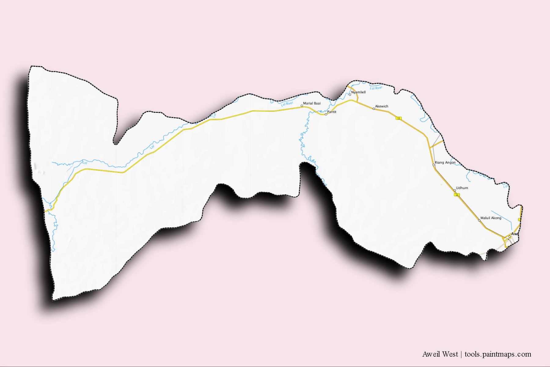 Aweil West neighborhoods and villages map with 3D shadow effect