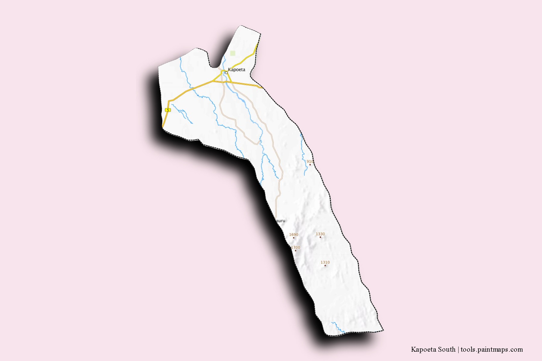 Mapa de barrios y pueblos de Kapoeta South con efecto de sombra 3D