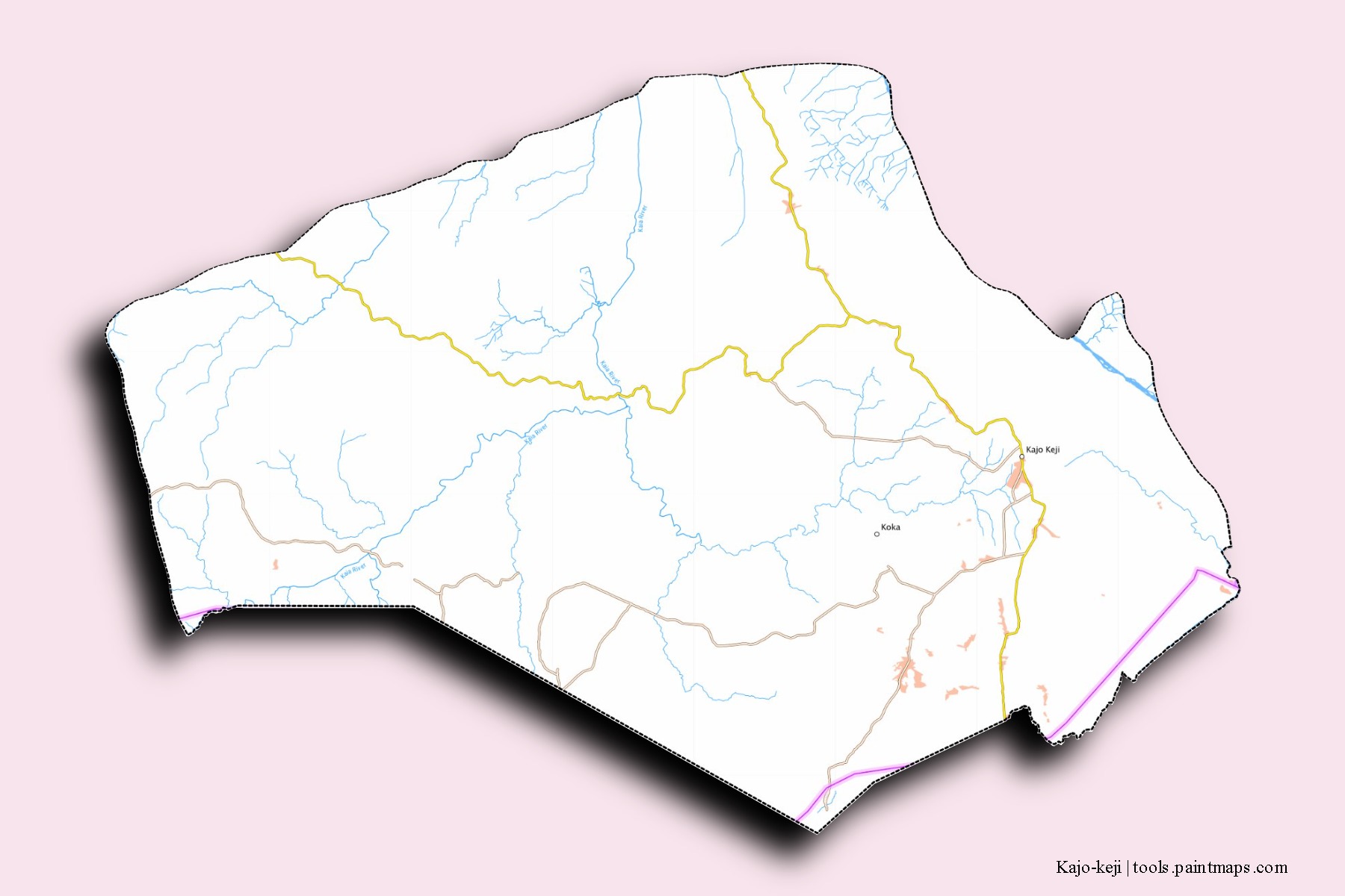 Mapa de barrios y pueblos de Kajo-keji con efecto de sombra 3D