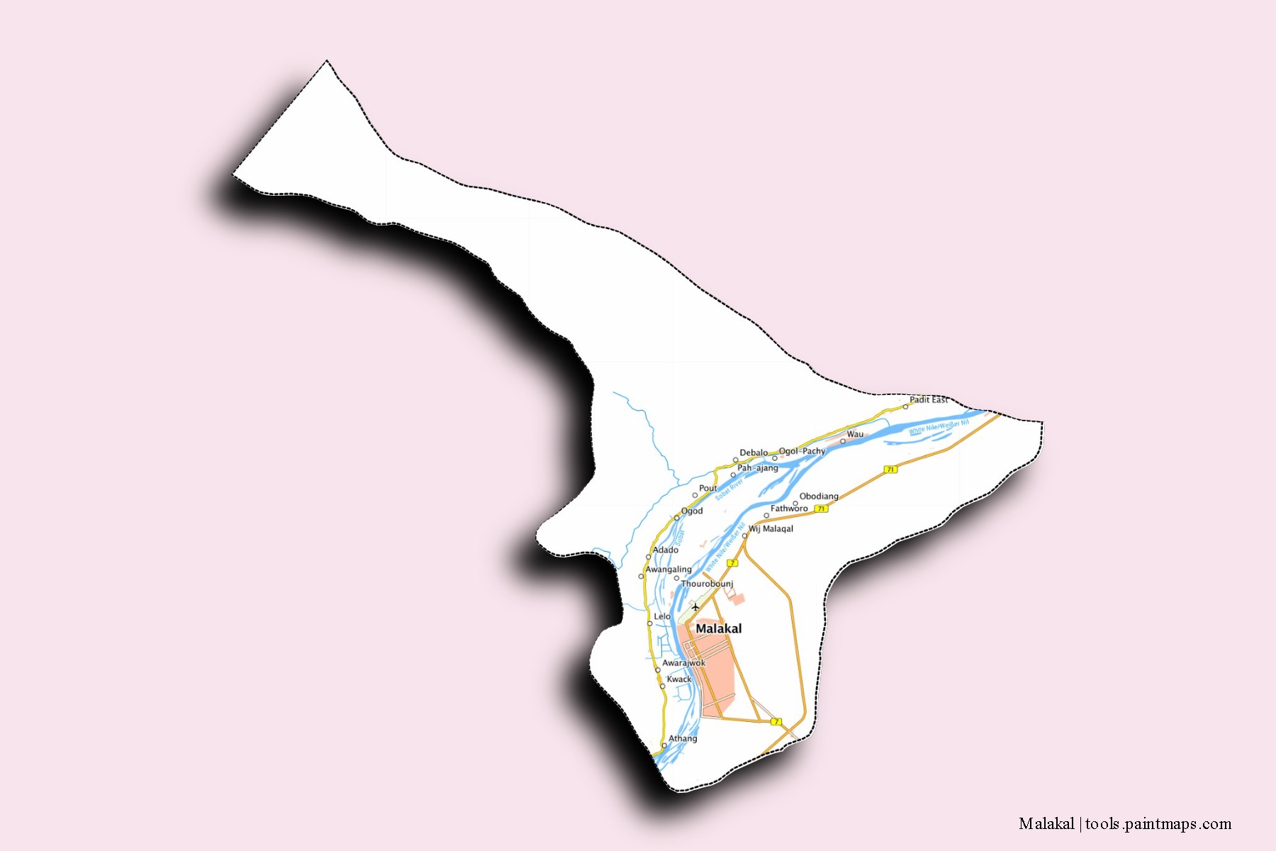 Malakal neighborhoods and villages map with 3D shadow effect