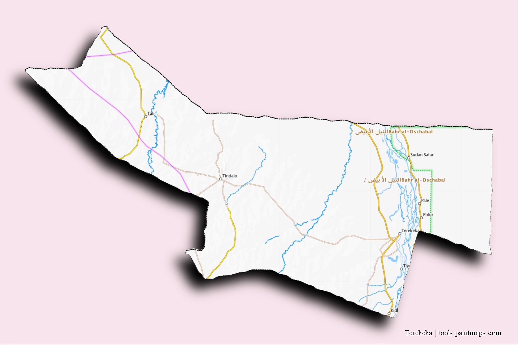 Mapa de barrios y pueblos de Terekeka con efecto de sombra 3D