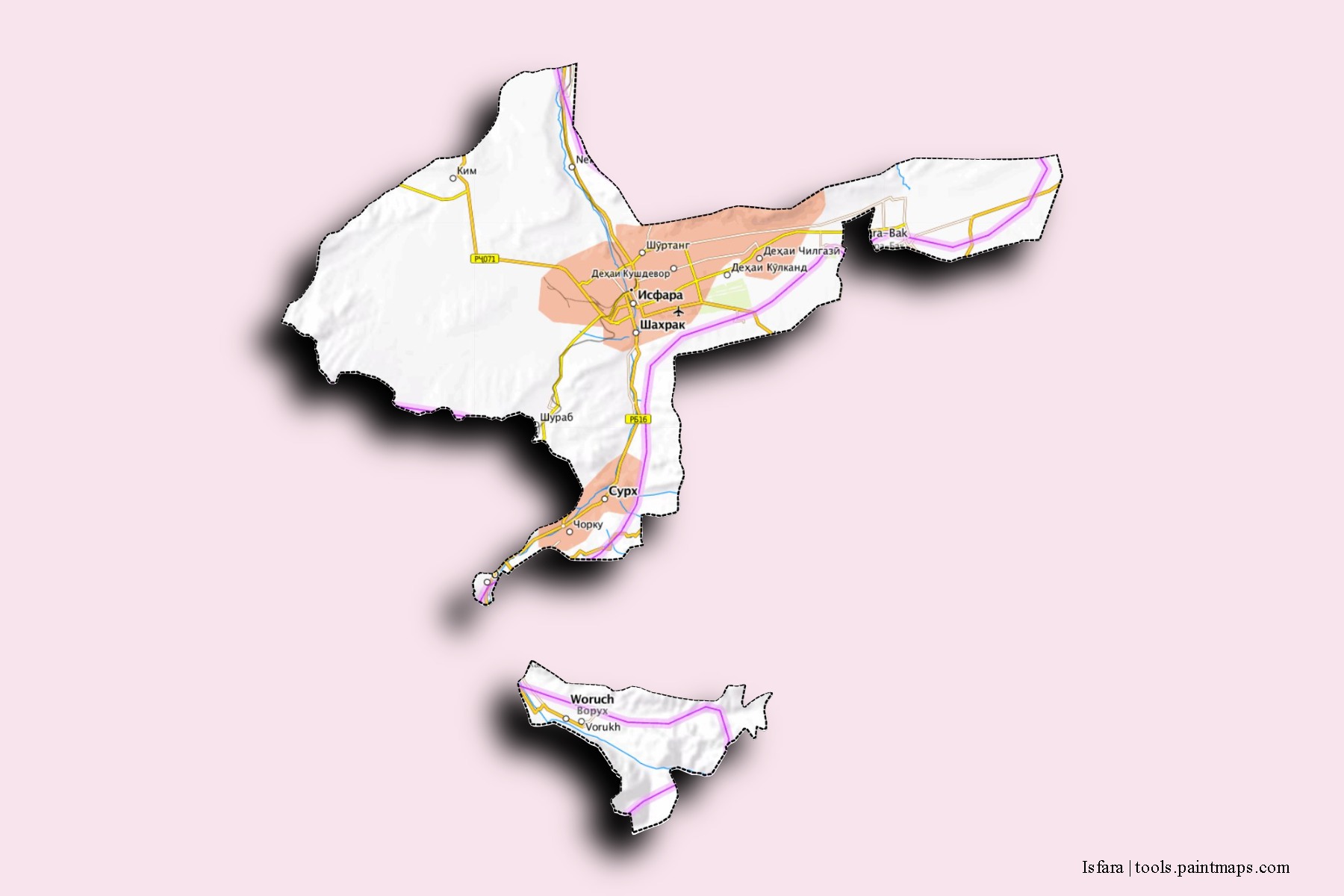 Isfara neighborhoods and villages map with 3D shadow effect