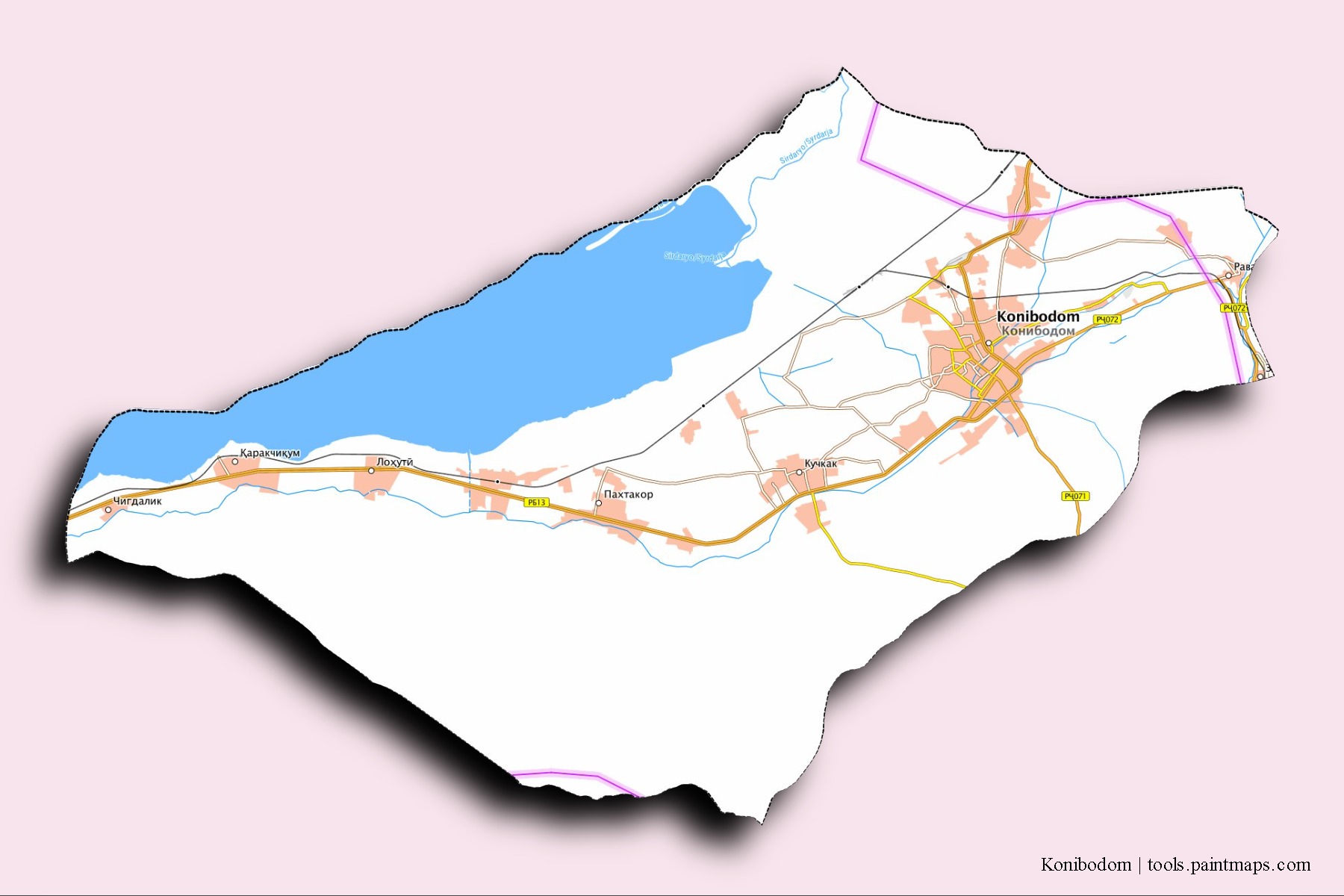 Konibodom neighborhoods and villages map with 3D shadow effect