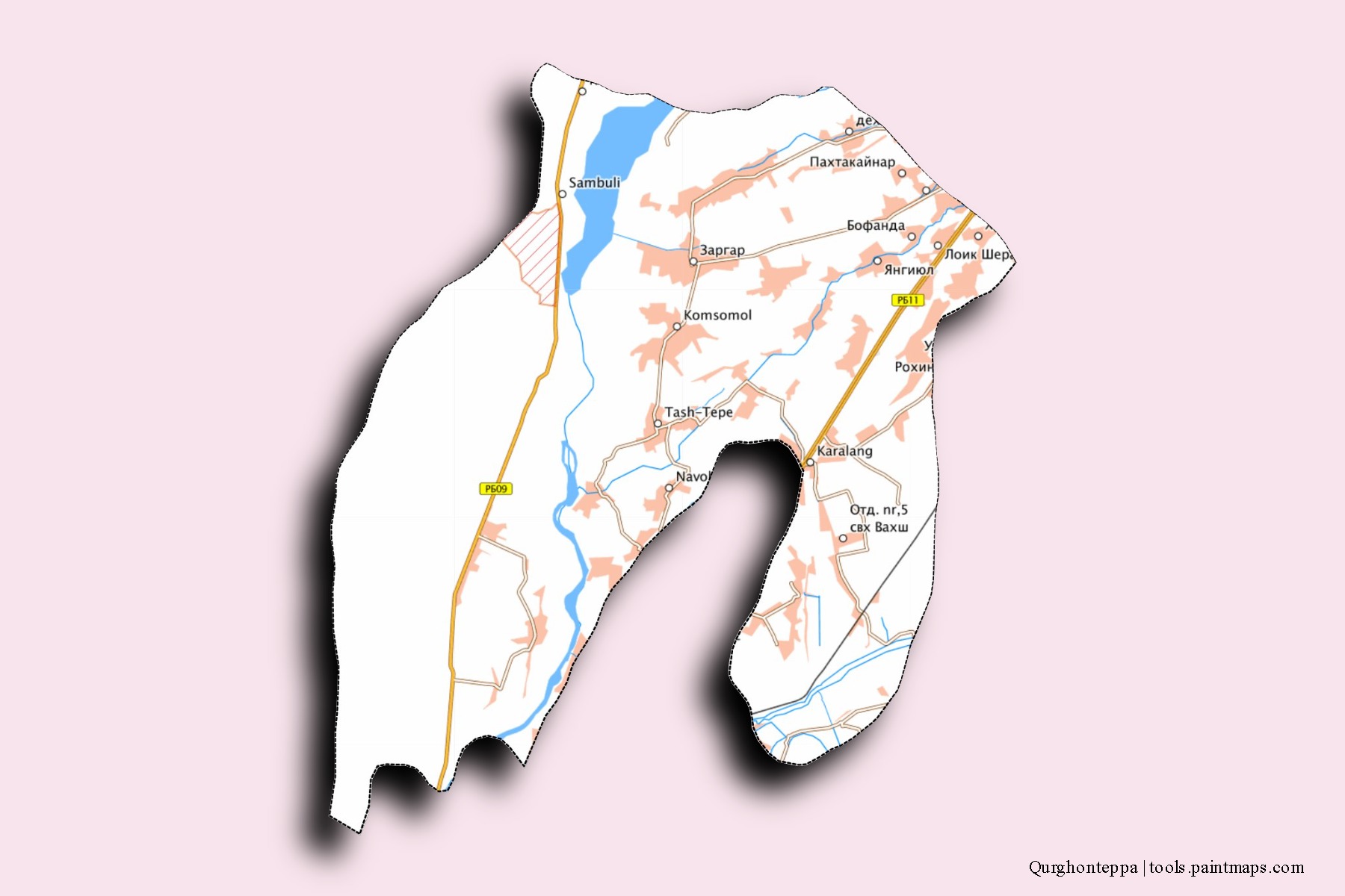 Mapa de barrios y pueblos de Qurghonteppa con efecto de sombra 3D