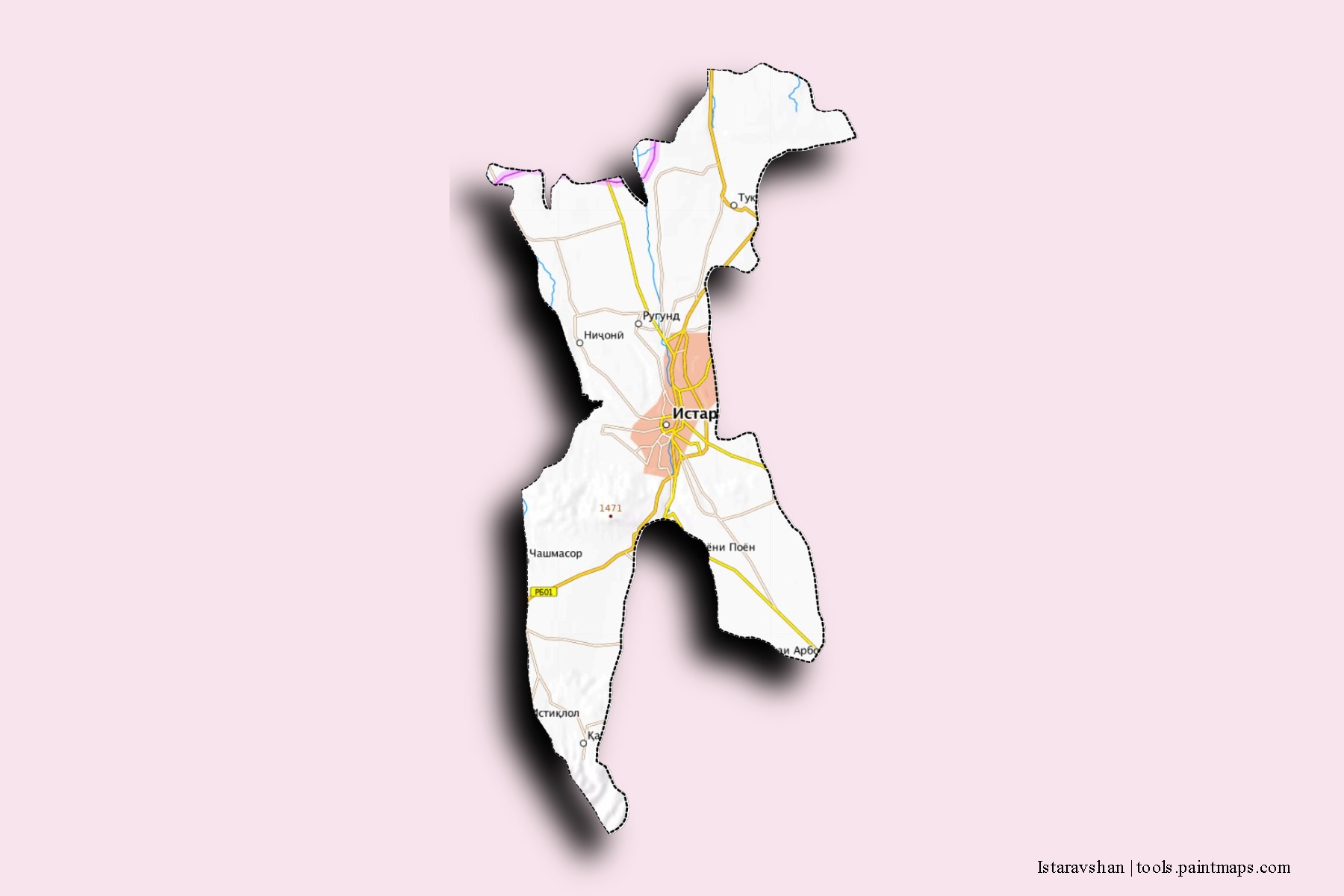 Istaravshan neighborhoods and villages map with 3D shadow effect