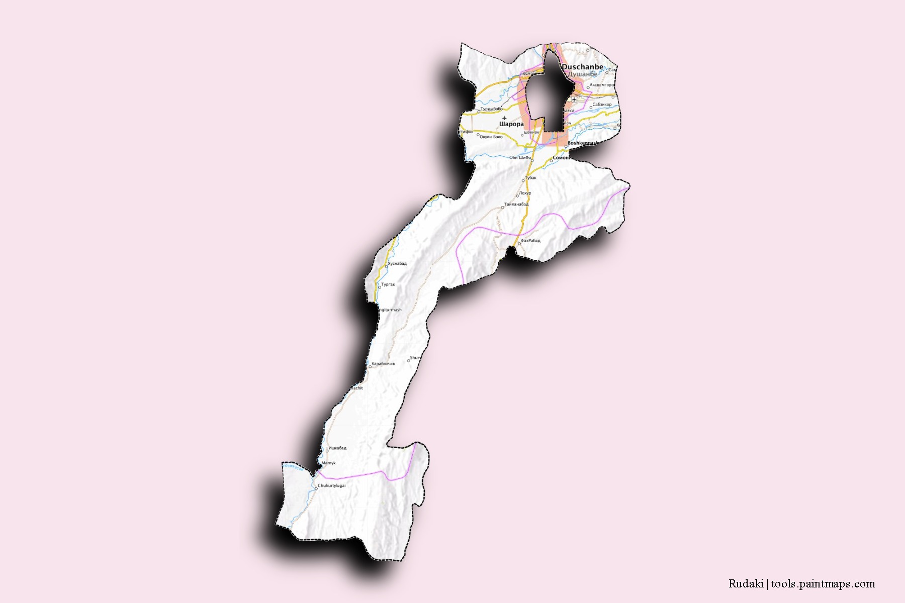 Rudaki neighborhoods and villages map with 3D shadow effect