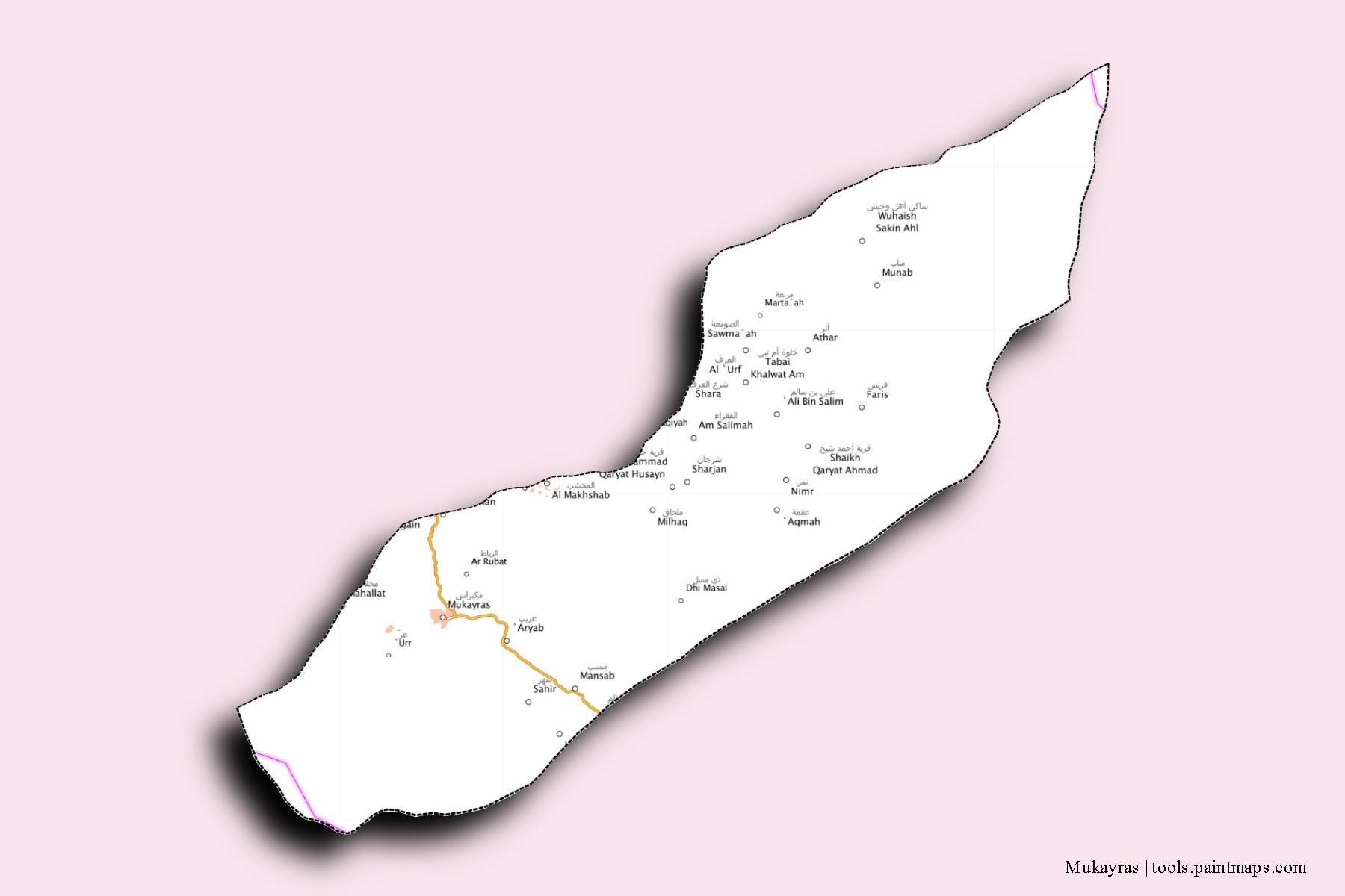 Mukayras neighborhoods and villages map with 3D shadow effect