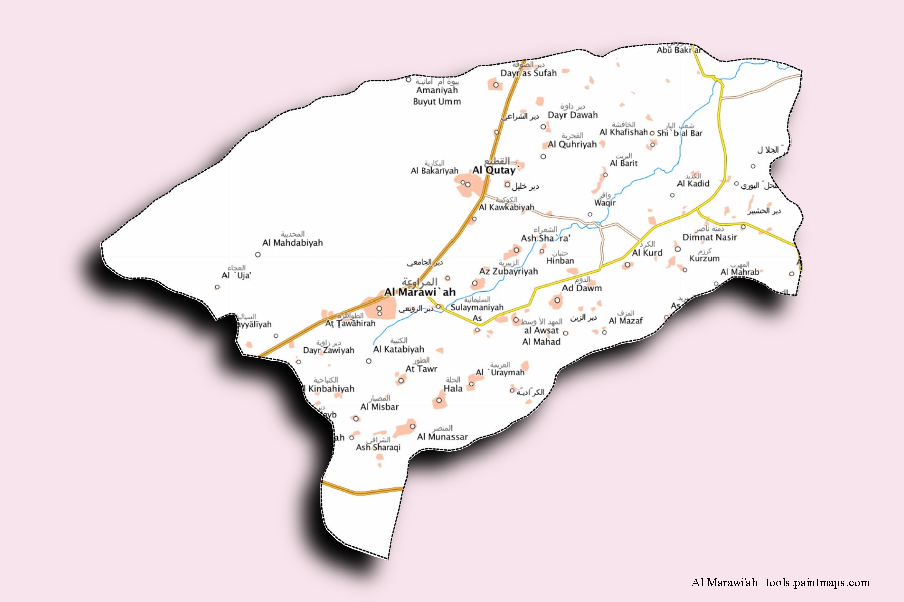 3D gölge efektli Al Marawi'ah mahalleleri ve köyleri haritası