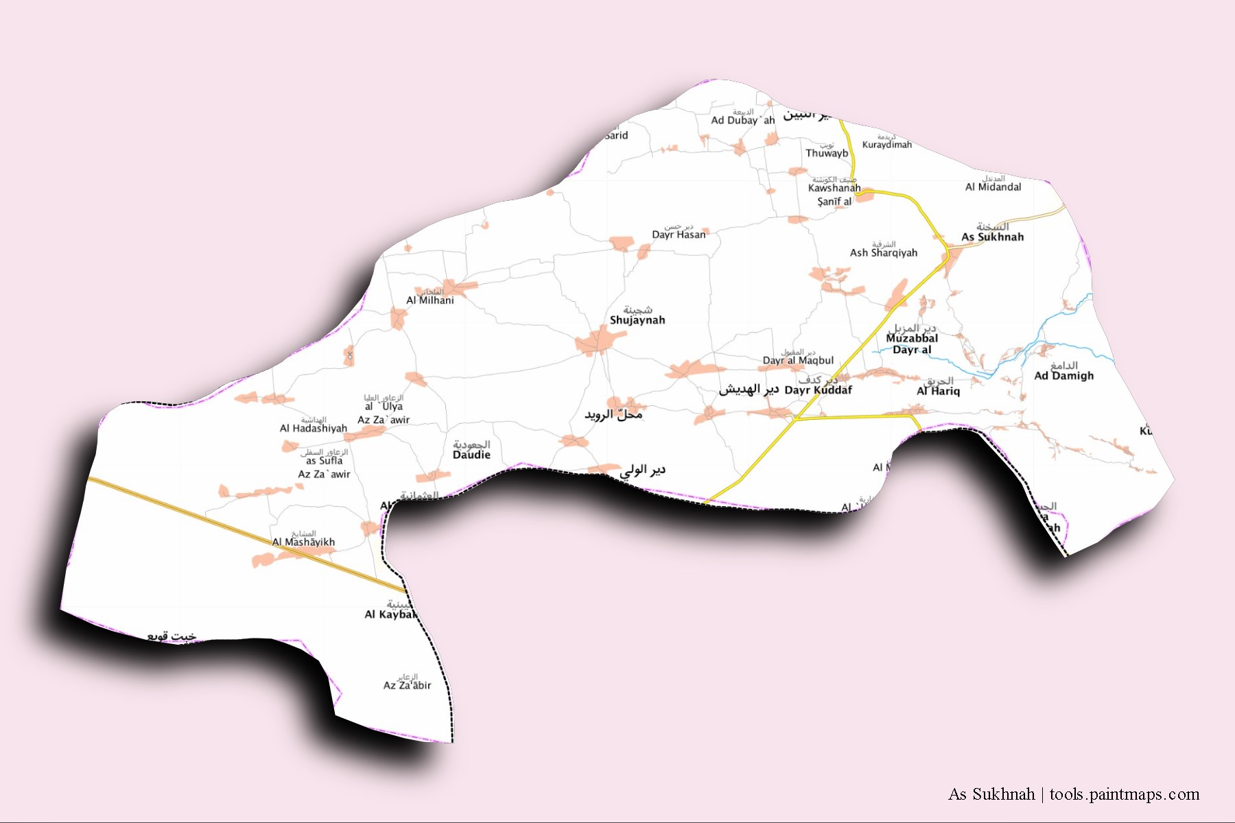 As Sukhnah neighborhoods and villages map with 3D shadow effect