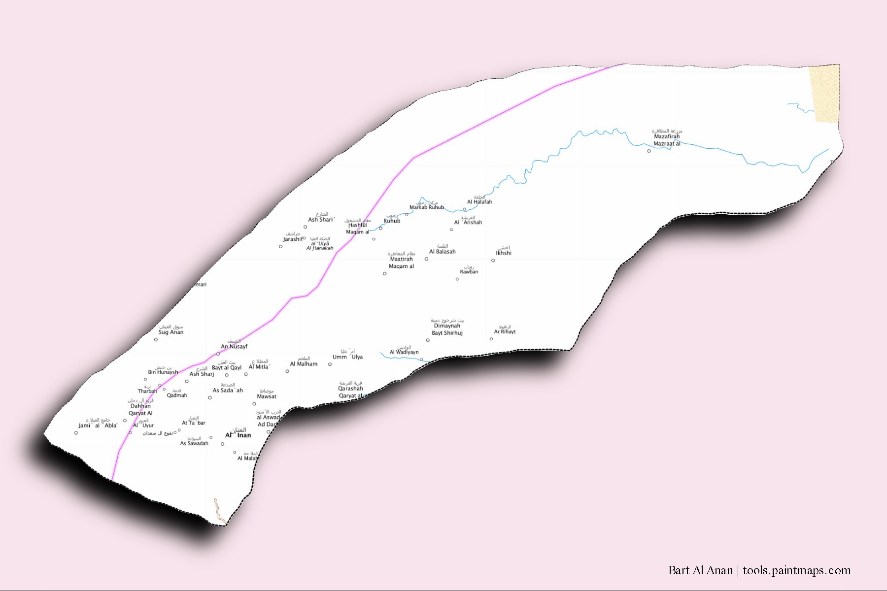 Mapa de barrios y pueblos de Bart Al Anan con efecto de sombra 3D