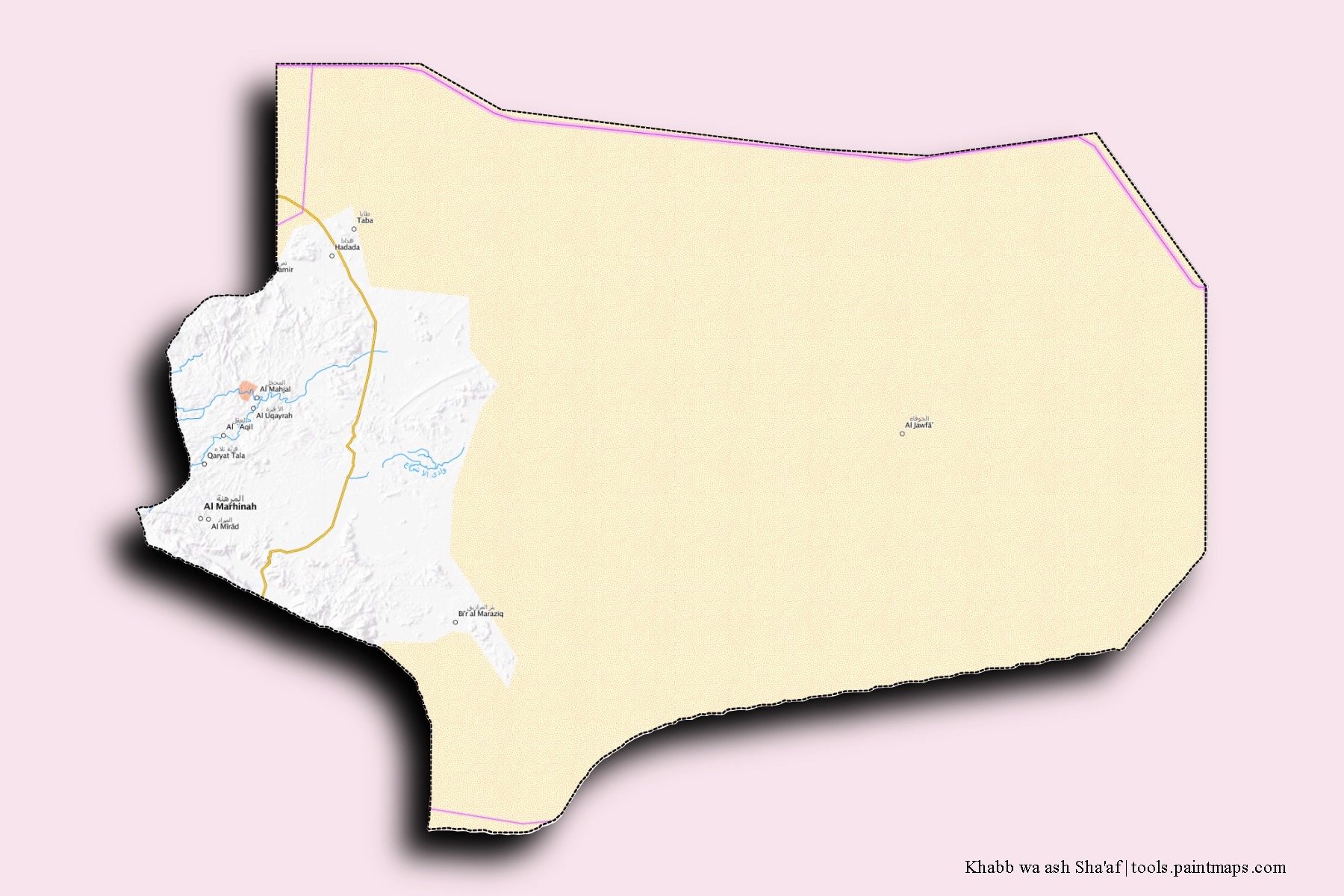 Khabb wa ash Sha'af neighborhoods and villages map with 3D shadow effect