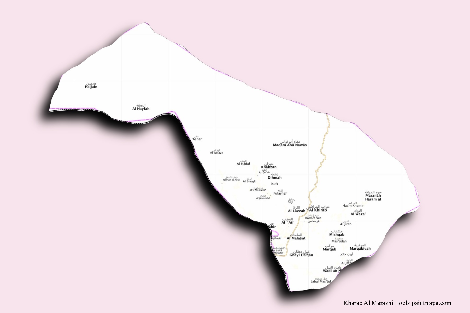 3D gölge efektli Kharab Al Marashi mahalleleri ve köyleri haritası