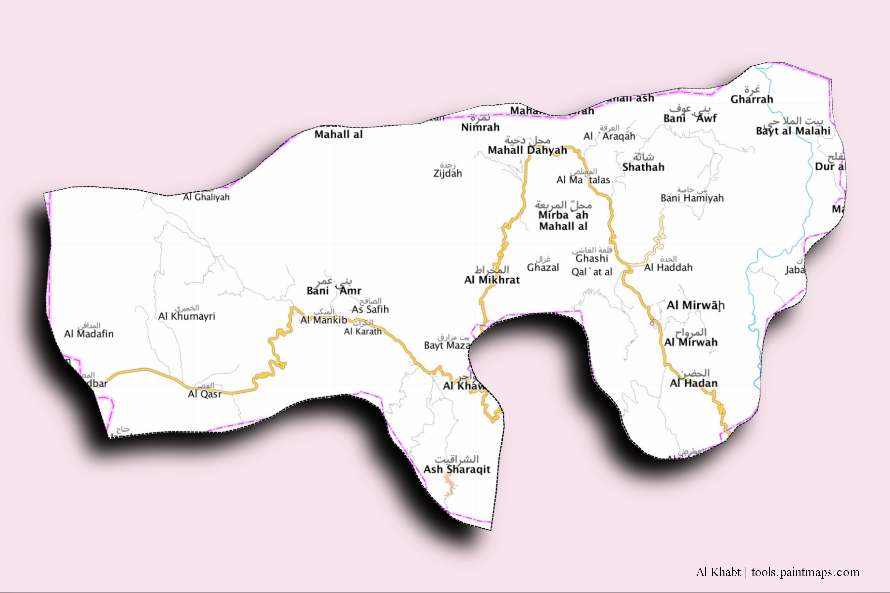 Al Khabt neighborhoods and villages map with 3D shadow effect