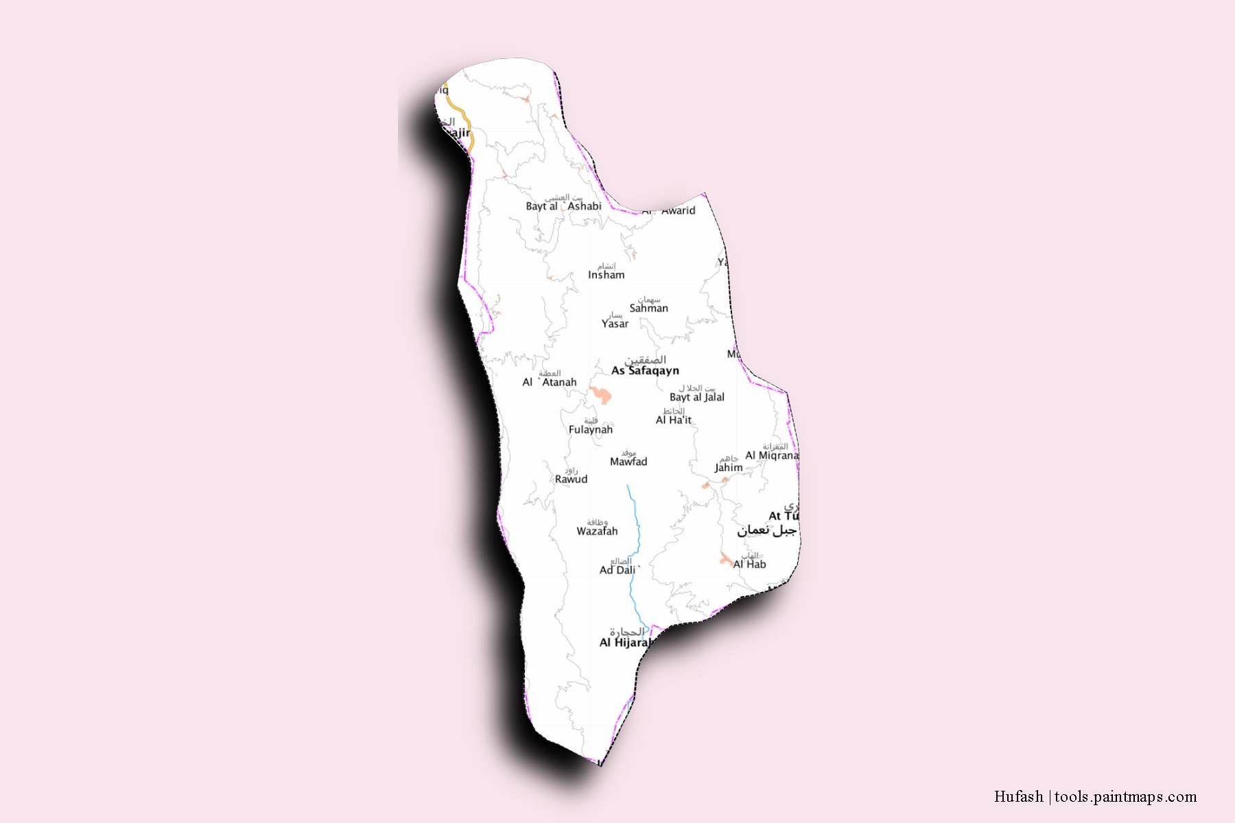 Mapa de barrios y pueblos de Hufash con efecto de sombra 3D