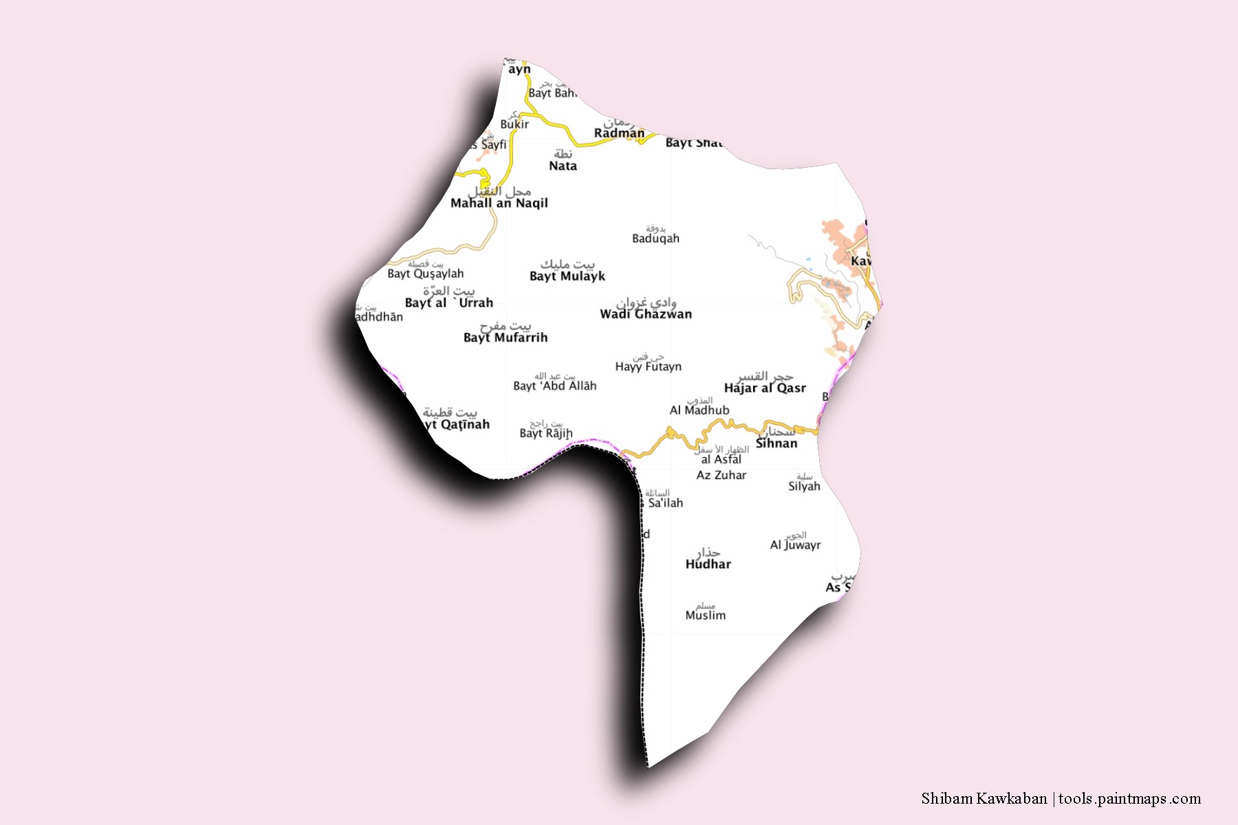 3D gölge efektli Shibam Kawkaban mahalleleri ve köyleri haritası