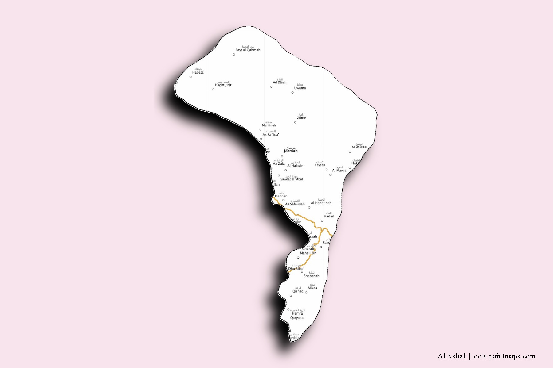 Al Ashah neighborhoods and villages map with 3D shadow effect