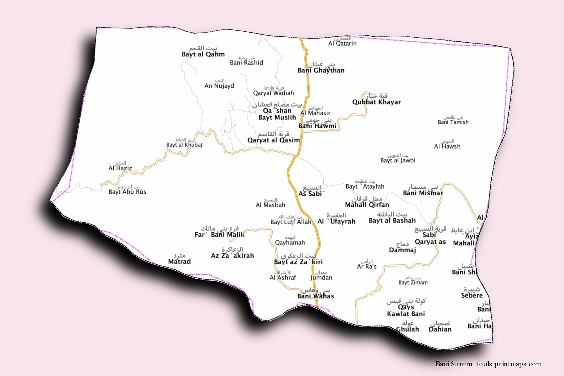 Mapa de barrios y pueblos de Bani Suraim con efecto de sombra 3D