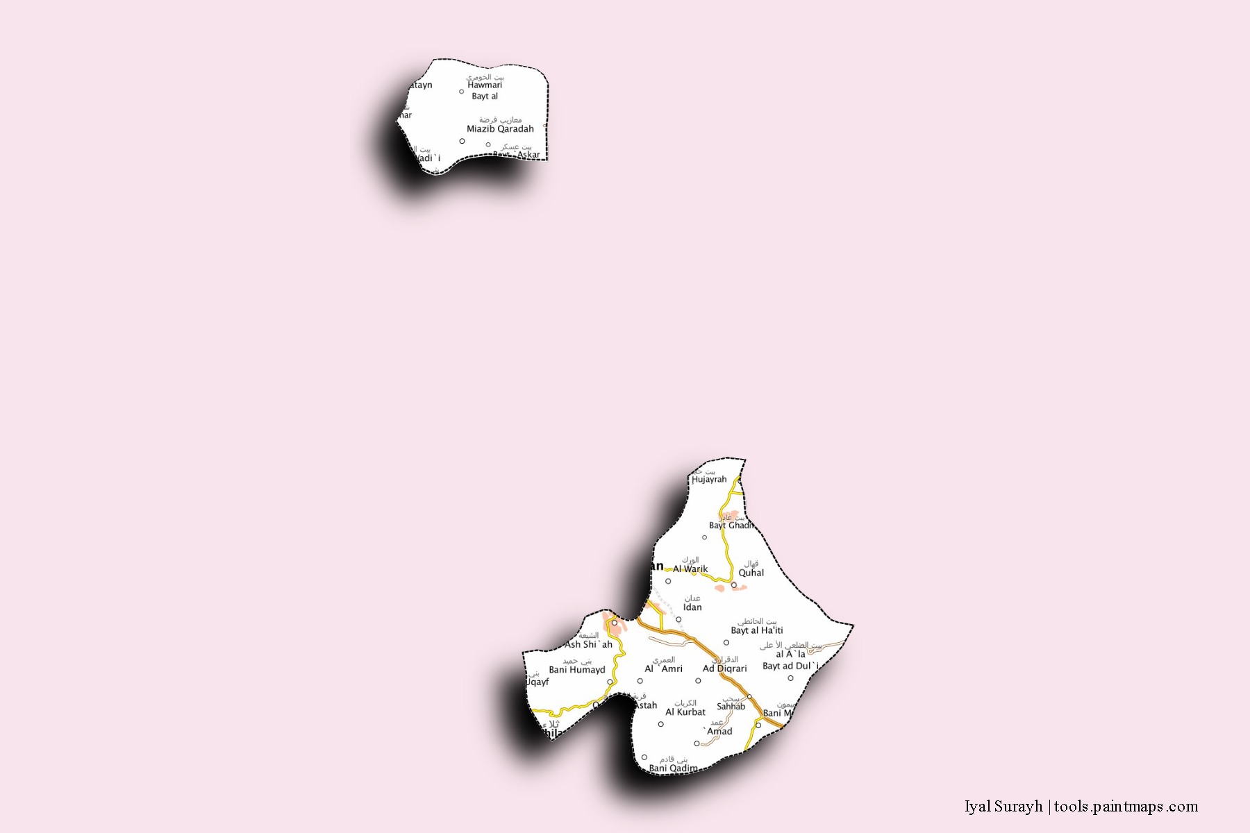 Iyal Surayh neighborhoods and villages map with 3D shadow effect