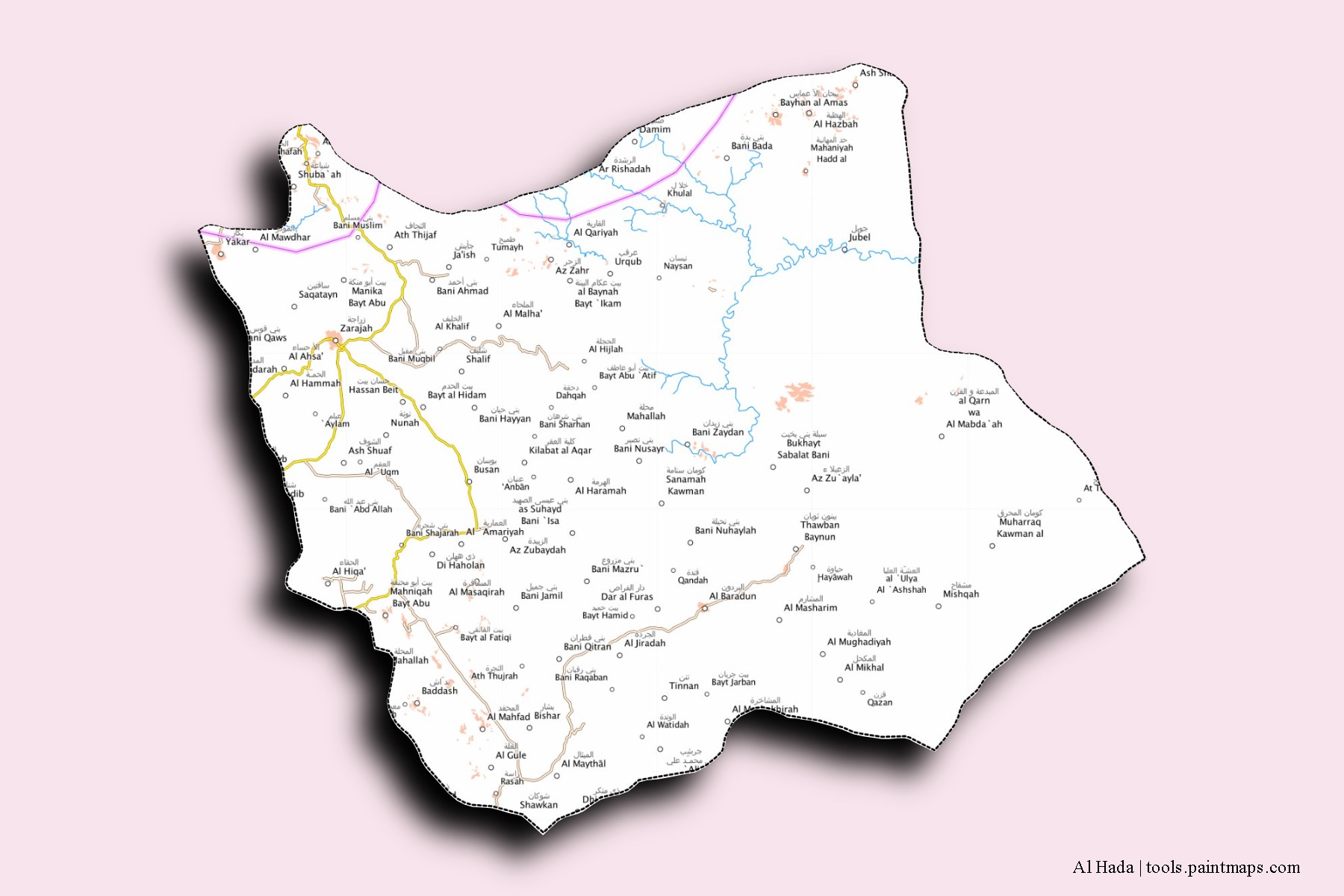 Al Hada neighborhoods and villages map with 3D shadow effect