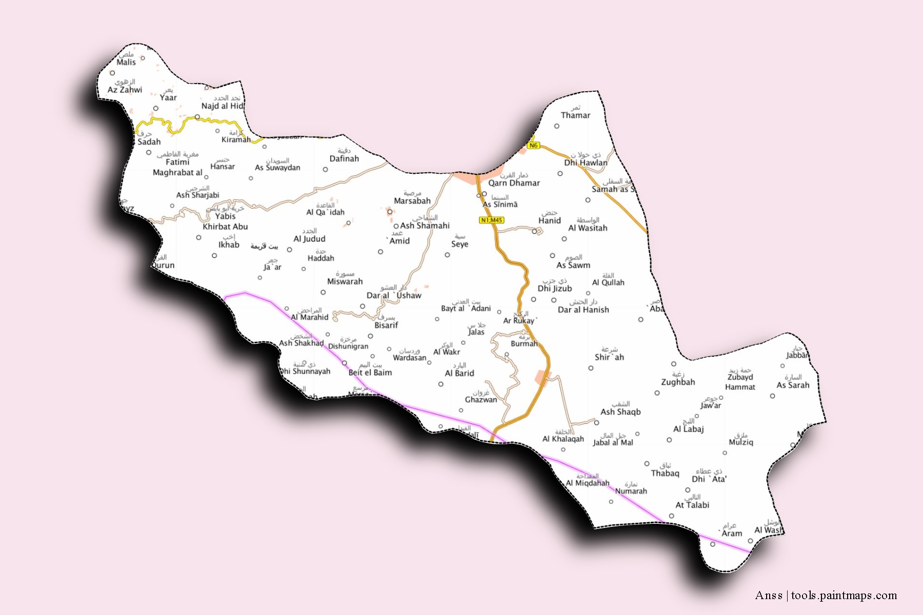 Mapa de barrios y pueblos de Anss con efecto de sombra 3D