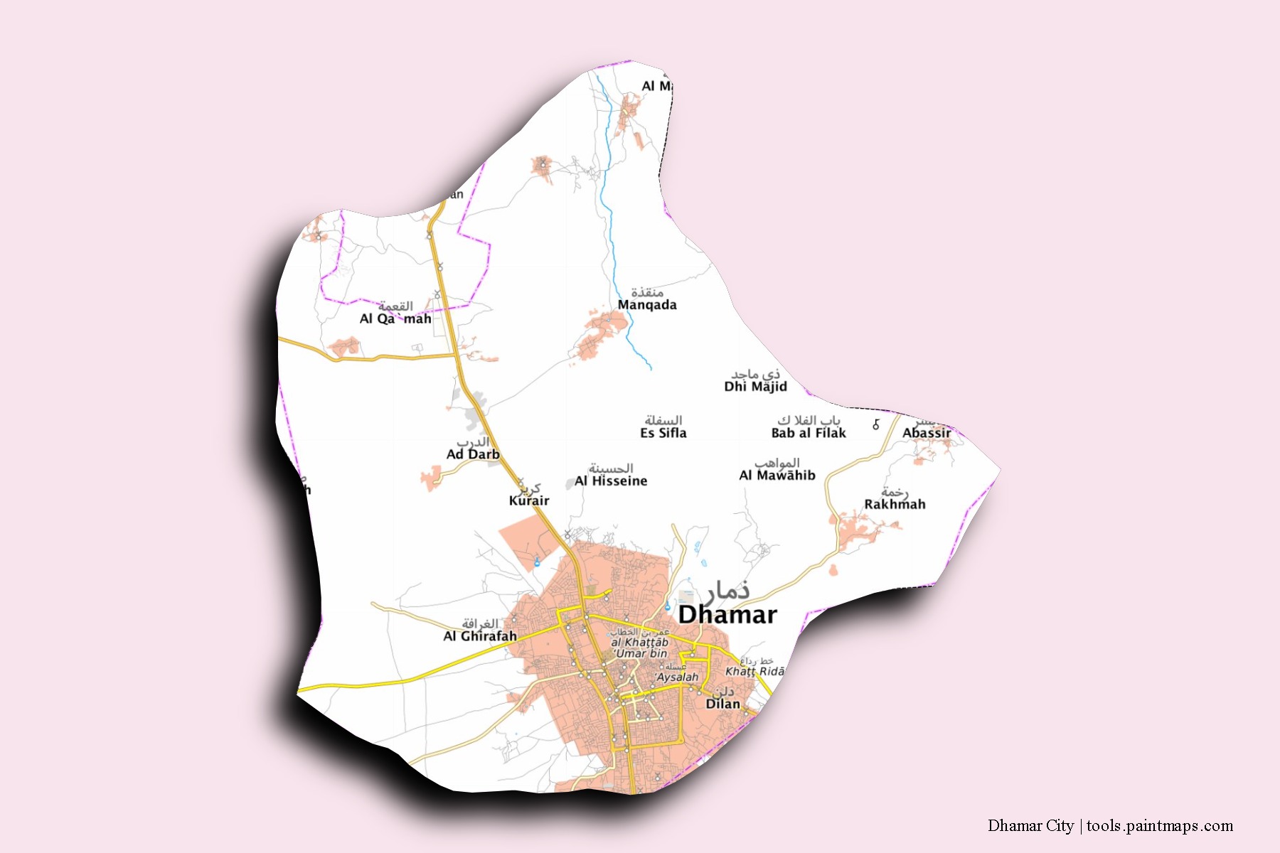 3D gölge efektli Dhamar City mahalleleri ve köyleri haritası