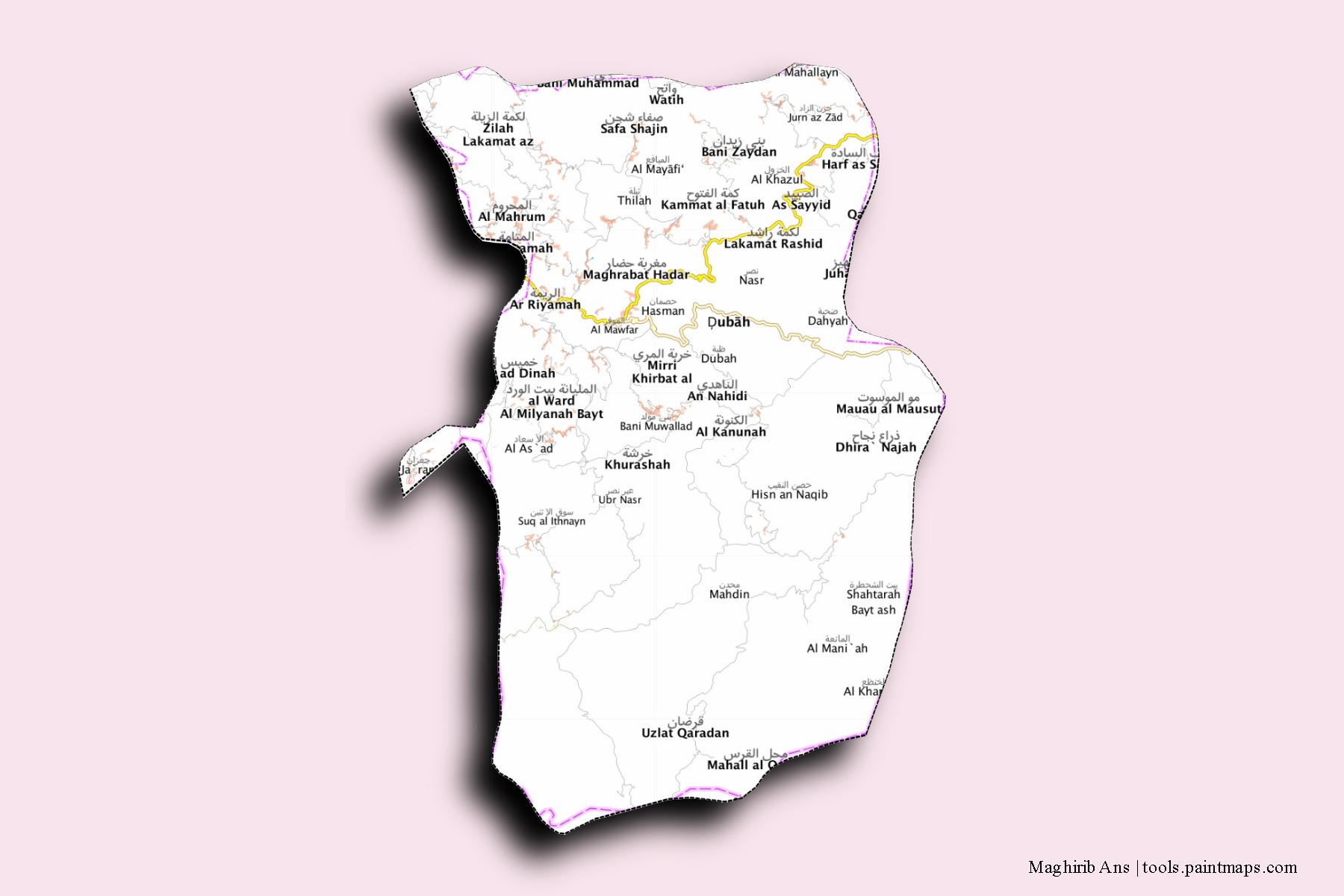 Maghirib Ans neighborhoods and villages map with 3D shadow effect