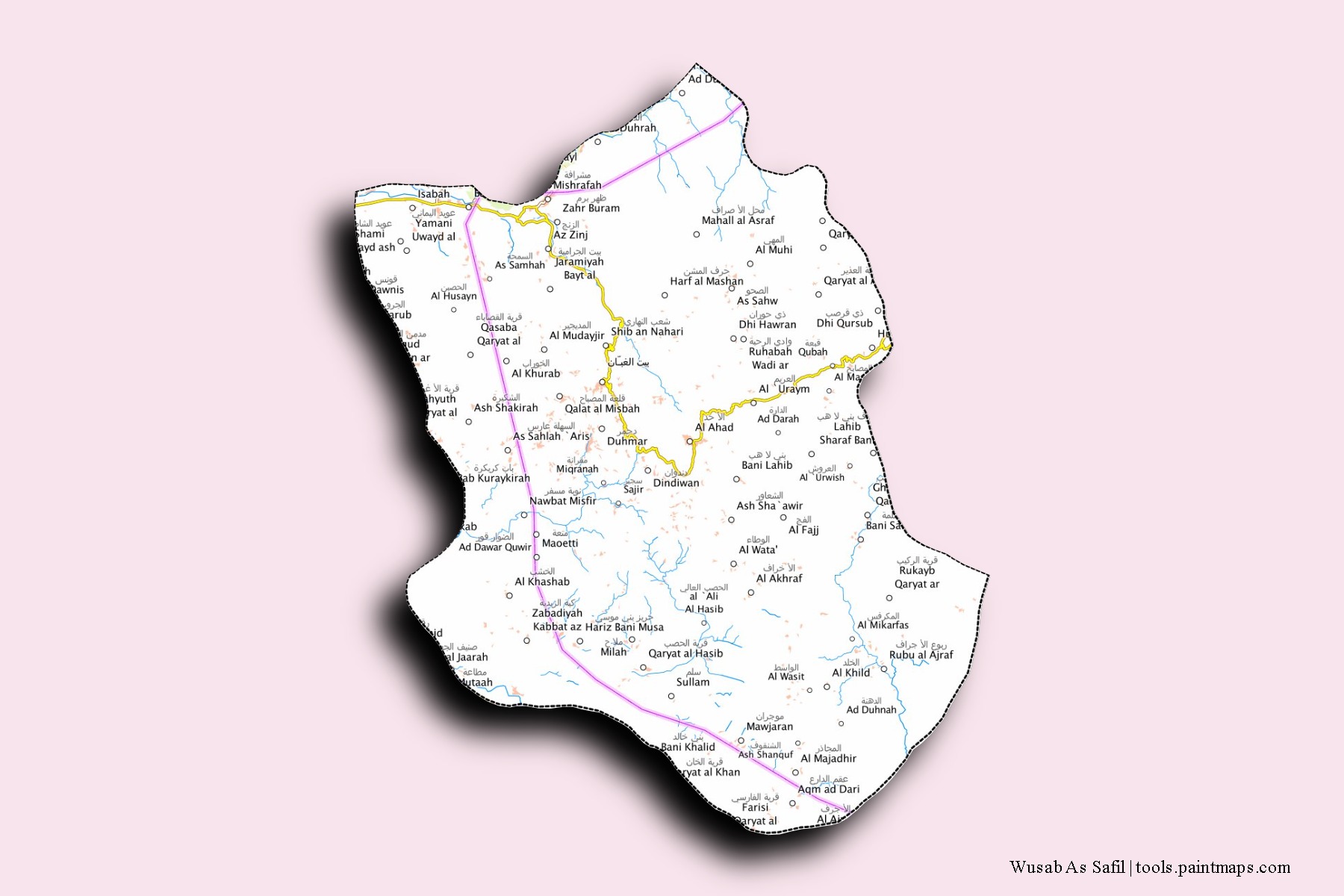 Wusab As Safil neighborhoods and villages map with 3D shadow effect