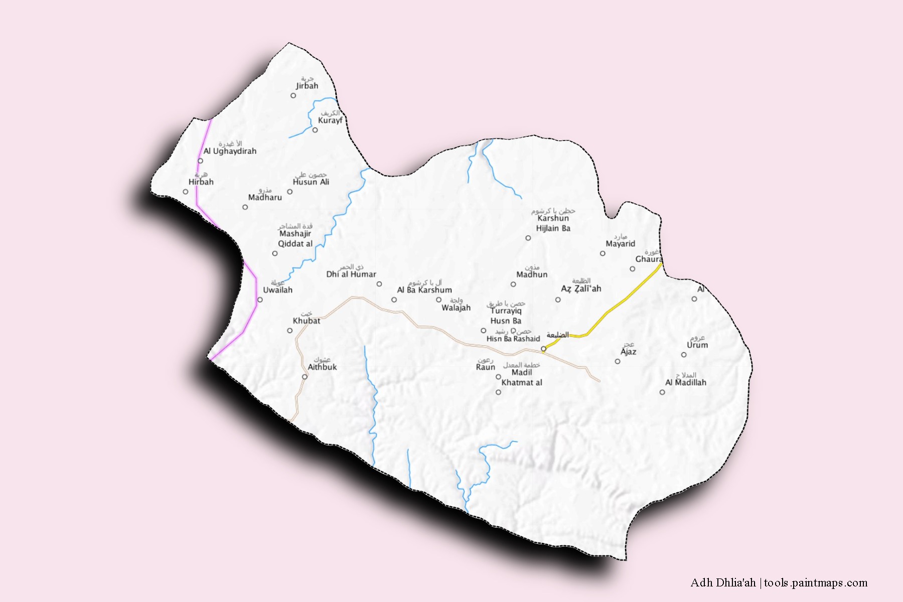 Mapa de barrios y pueblos de Adh Dhlia'ah con efecto de sombra 3D