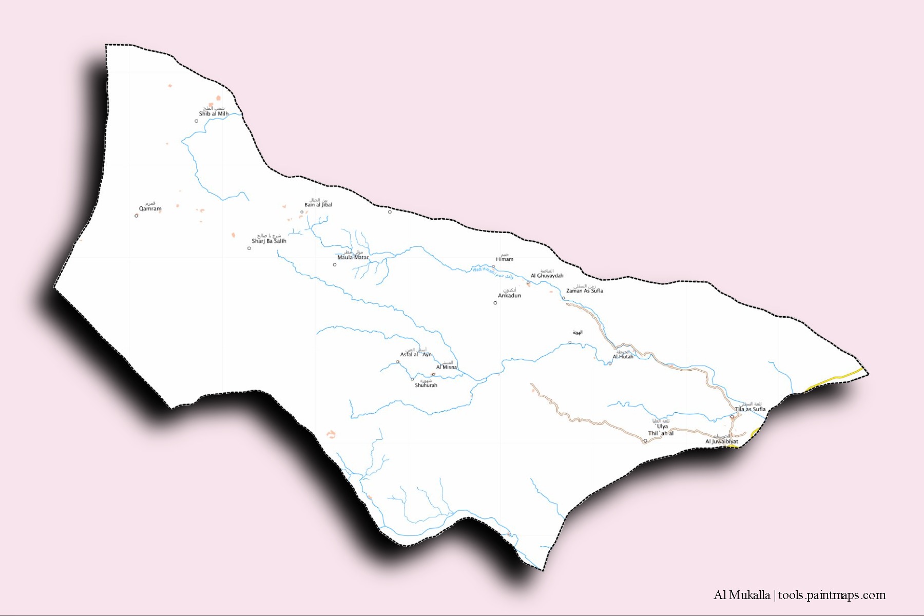 Al Mukalla neighborhoods and villages map with 3D shadow effect