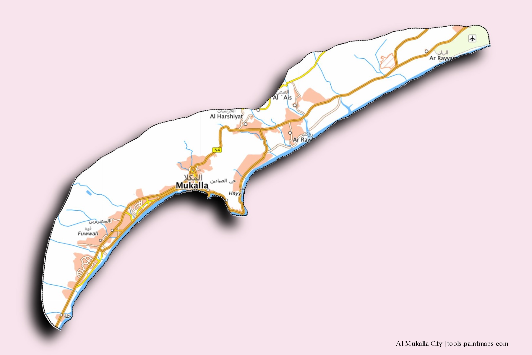 Mapa de barrios y pueblos de Al Mukalla City con efecto de sombra 3D