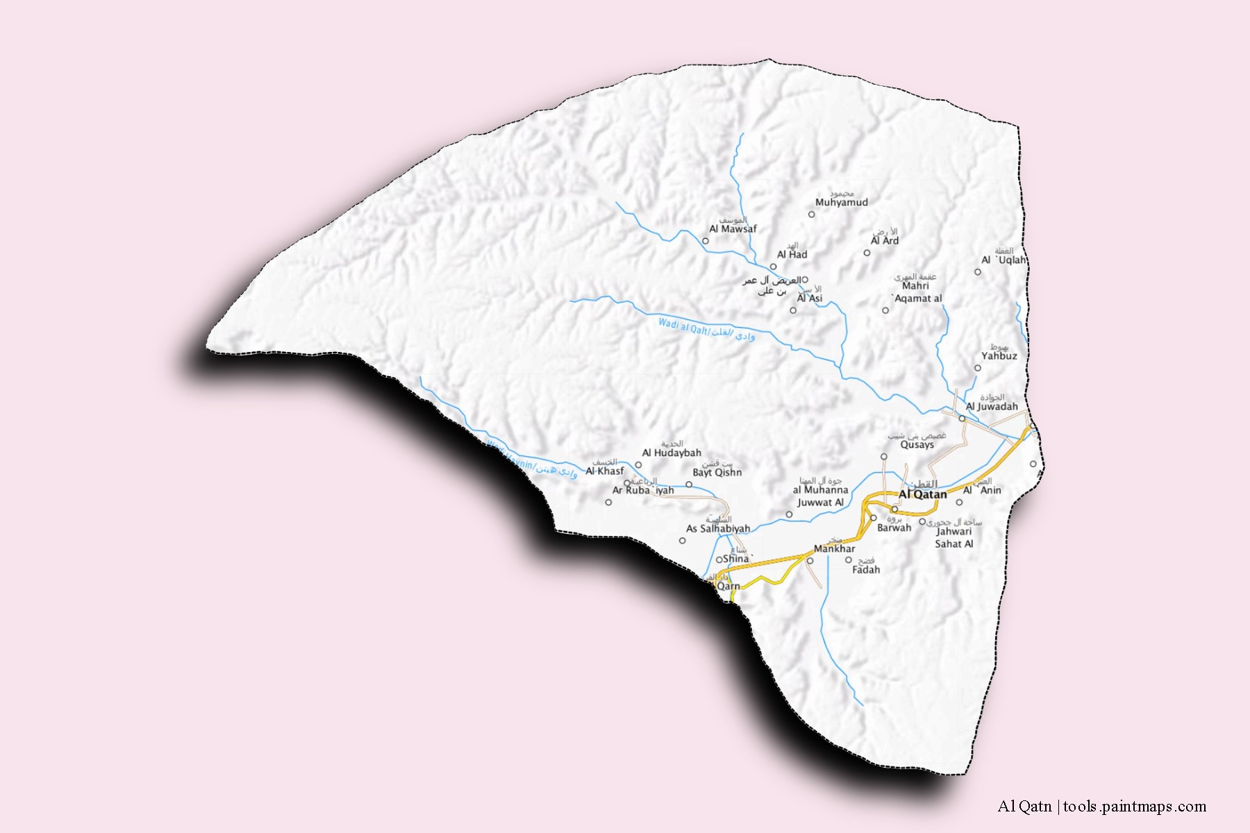 3D gölge efektli Al Qatn mahalleleri ve köyleri haritası