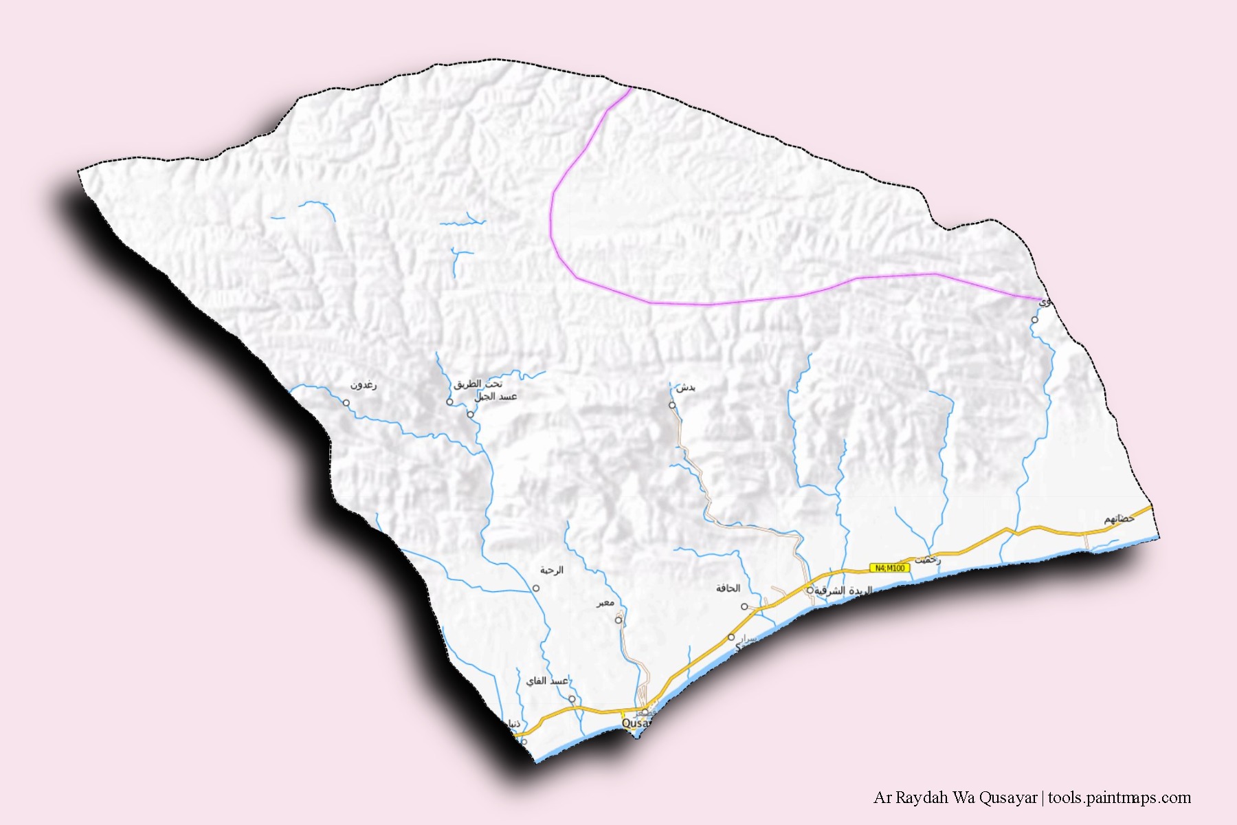 Mapa de barrios y pueblos de Ar Raydah Wa Qusayar con efecto de sombra 3D