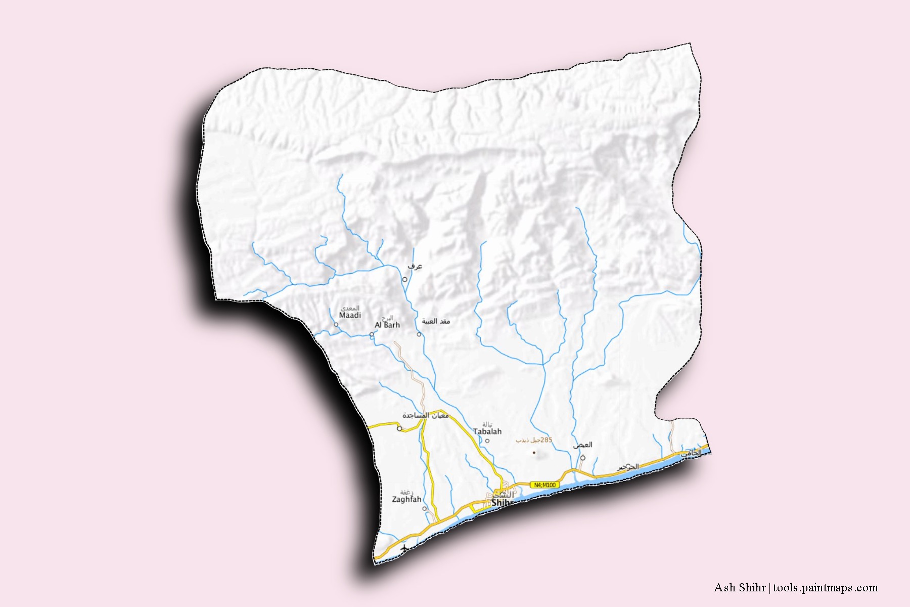 Mapa de barrios y pueblos de Ash Shihr con efecto de sombra 3D