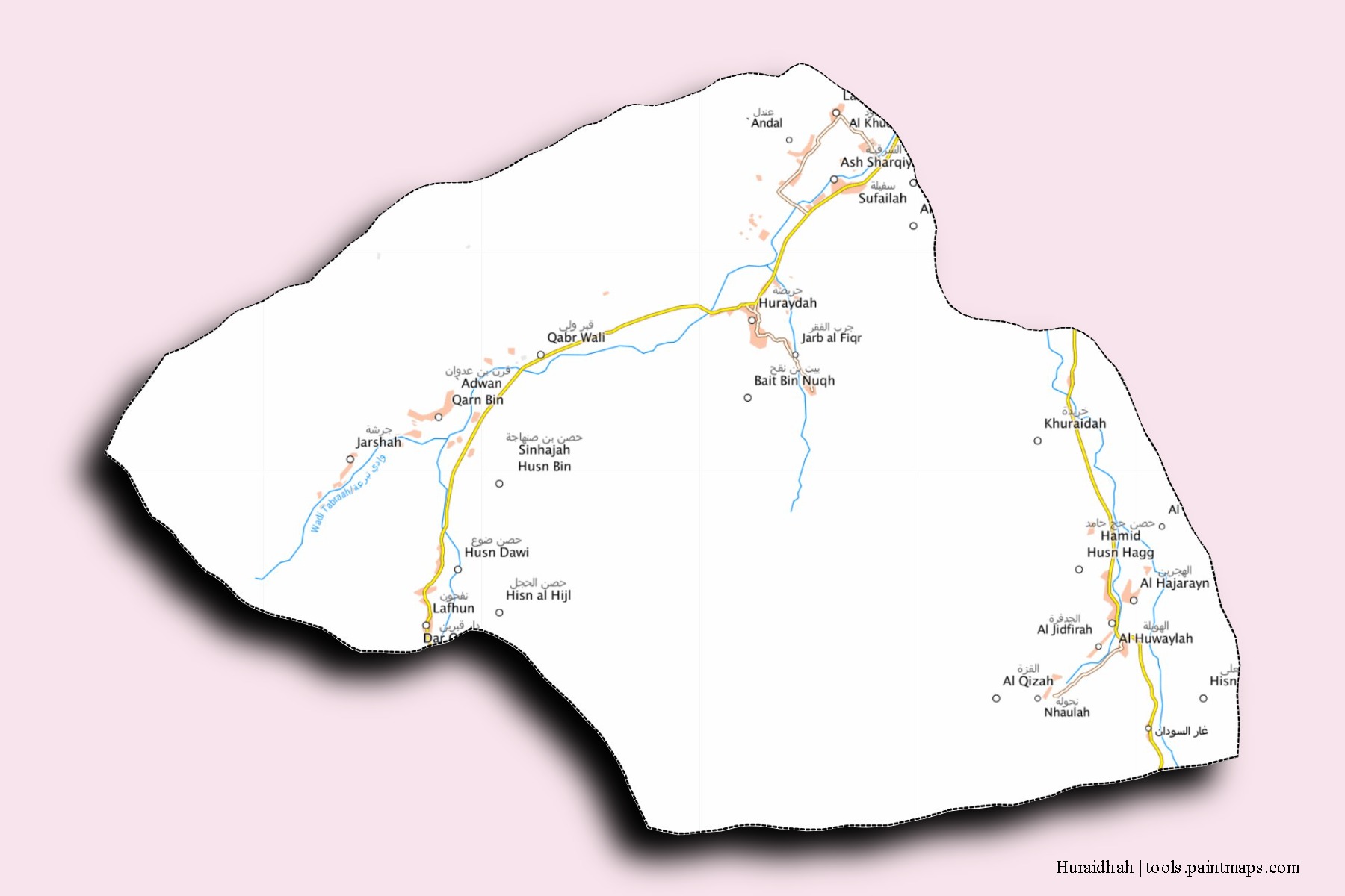 3D gölge efektli Huraidhah mahalleleri ve köyleri haritası