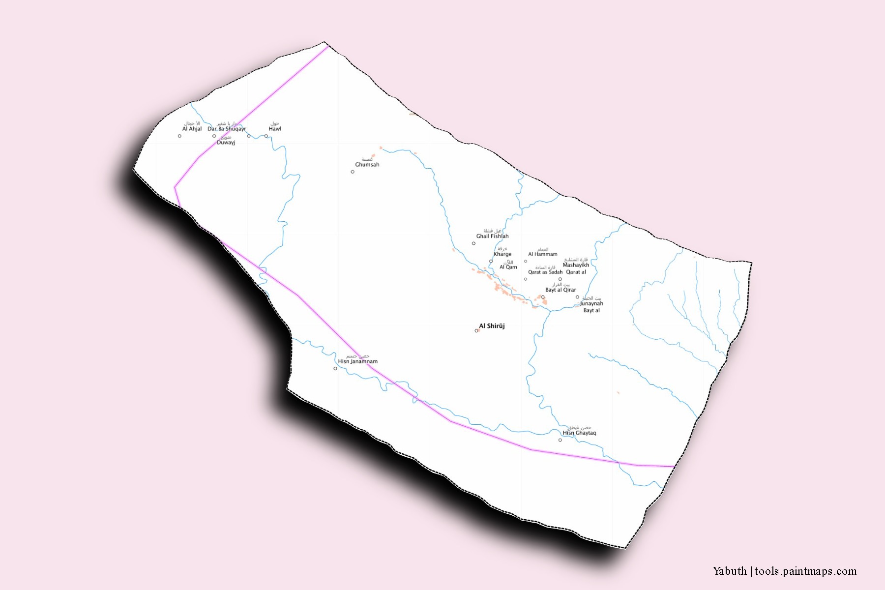 Yabuth neighborhoods and villages map with 3D shadow effect