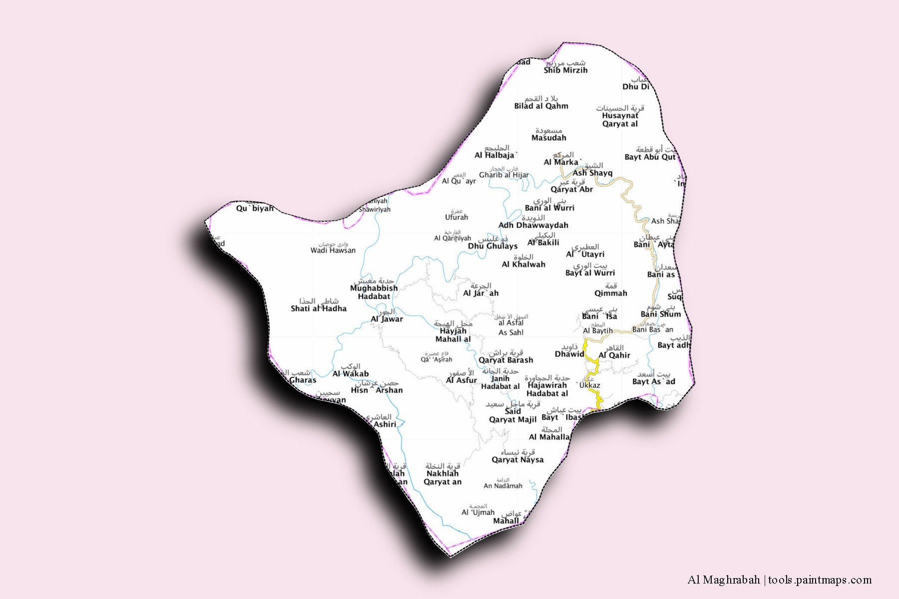 3D gölge efektli Al Maghrabah mahalleleri ve köyleri haritası
