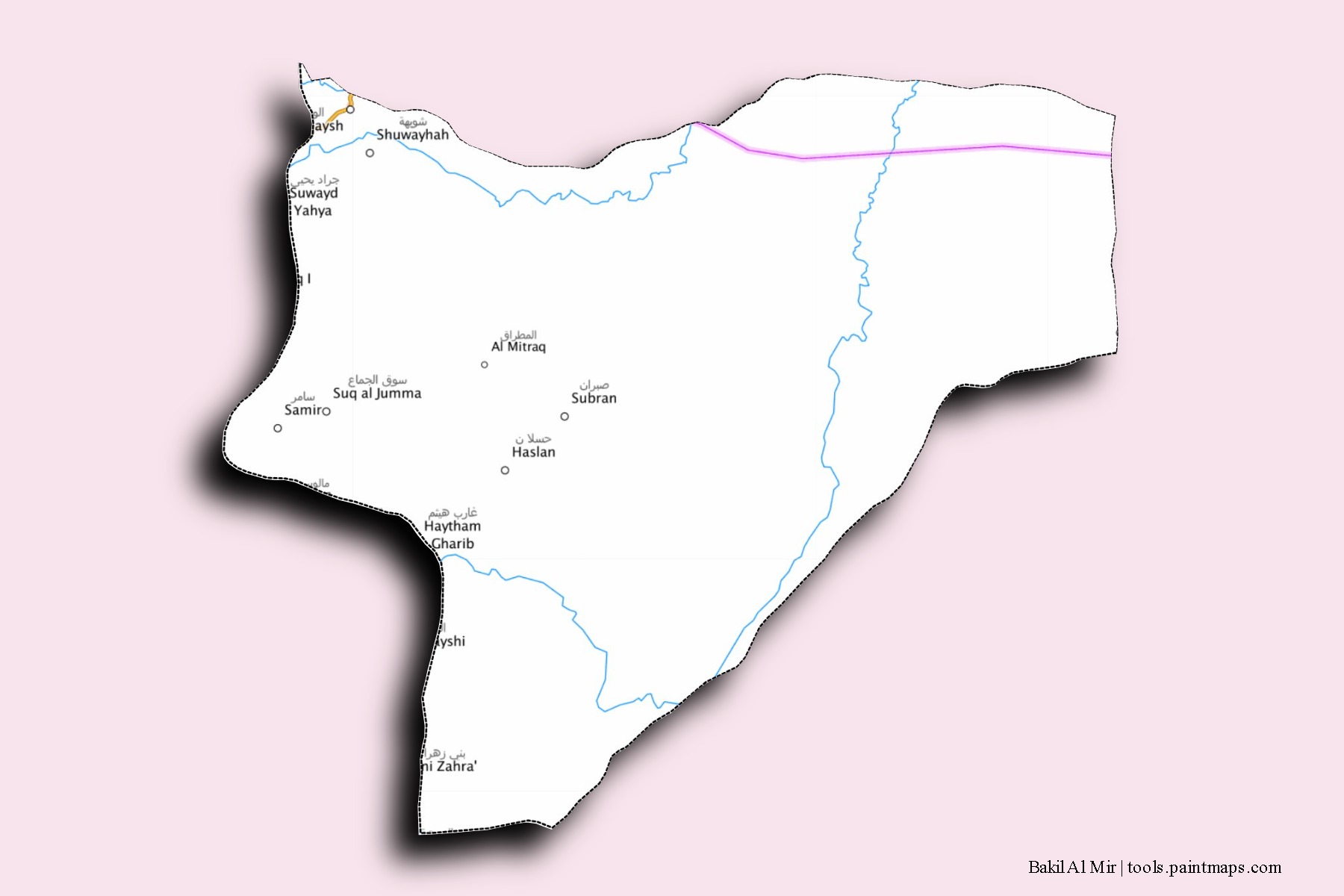 Mapa de barrios y pueblos de Bakil Al Mir con efecto de sombra 3D