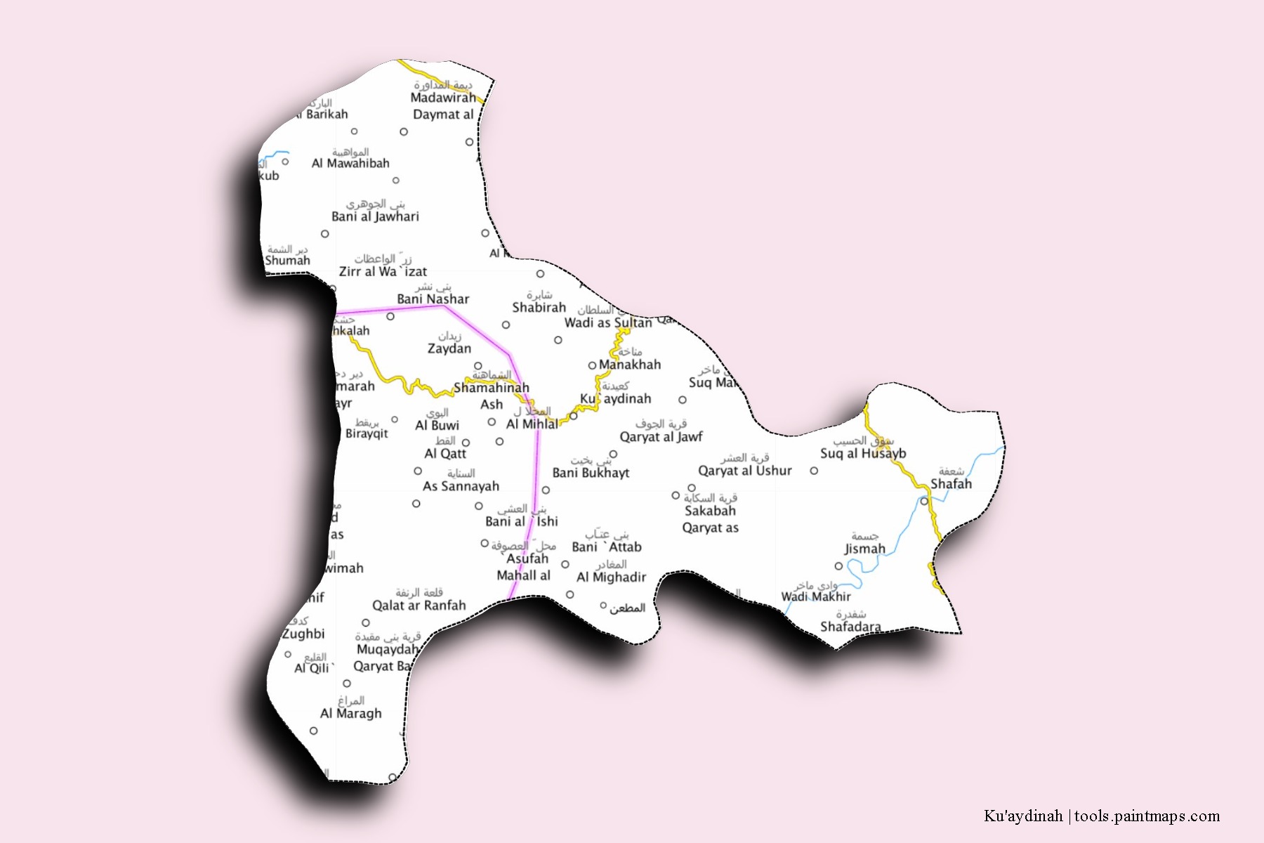 Mapa de barrios y pueblos de Ku'aydinah con efecto de sombra 3D