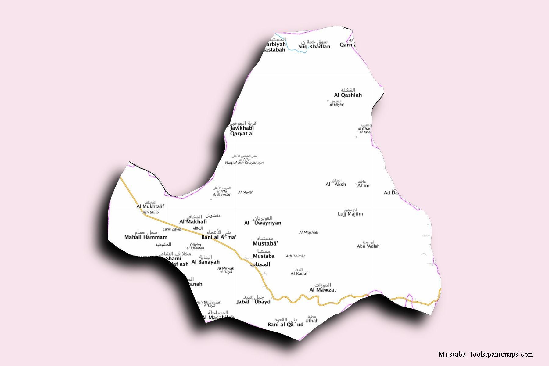 Mapa de barrios y pueblos de Mustaba con efecto de sombra 3D