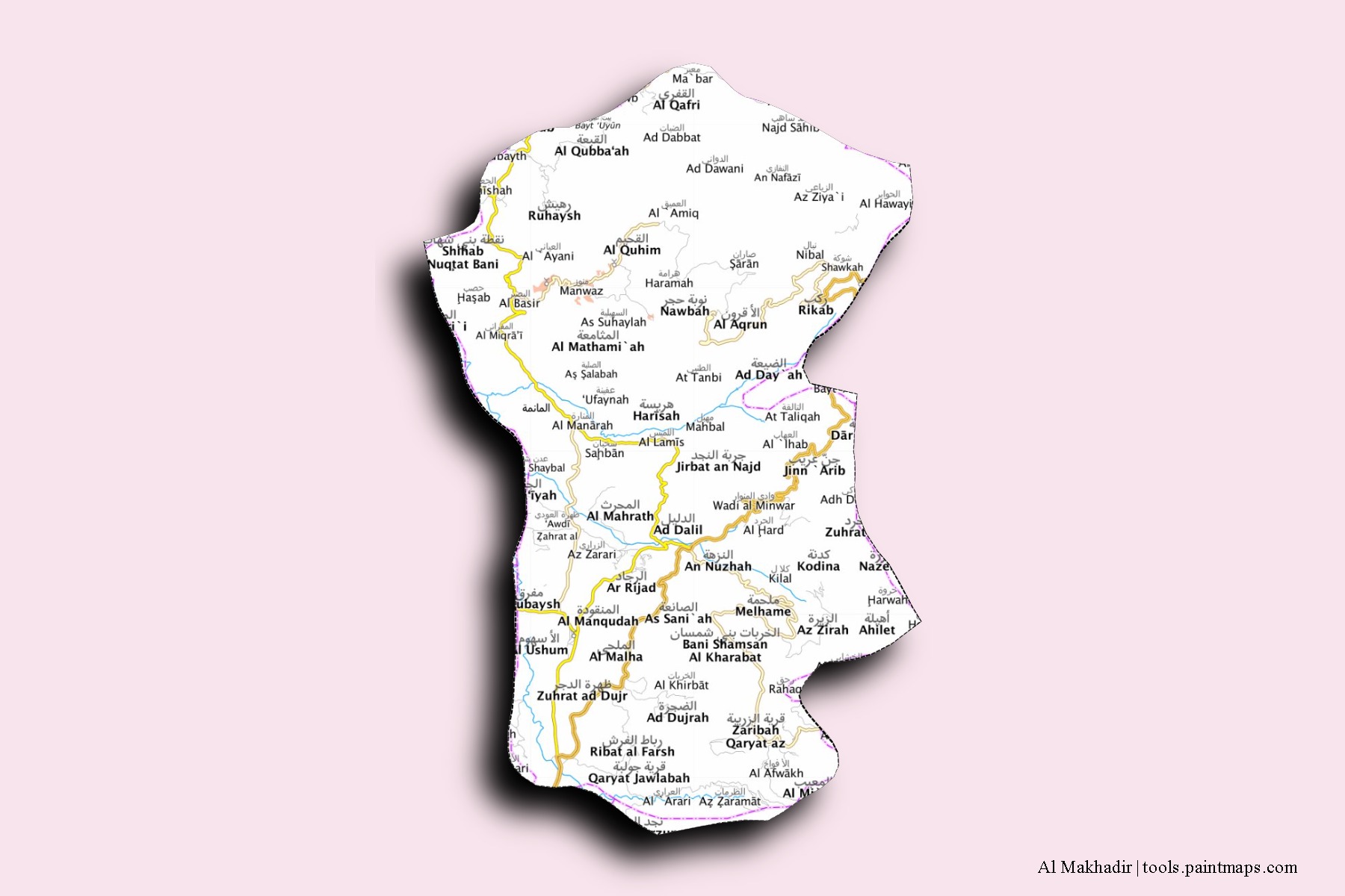 Mapa de barrios y pueblos de Al Makhadir con efecto de sombra 3D