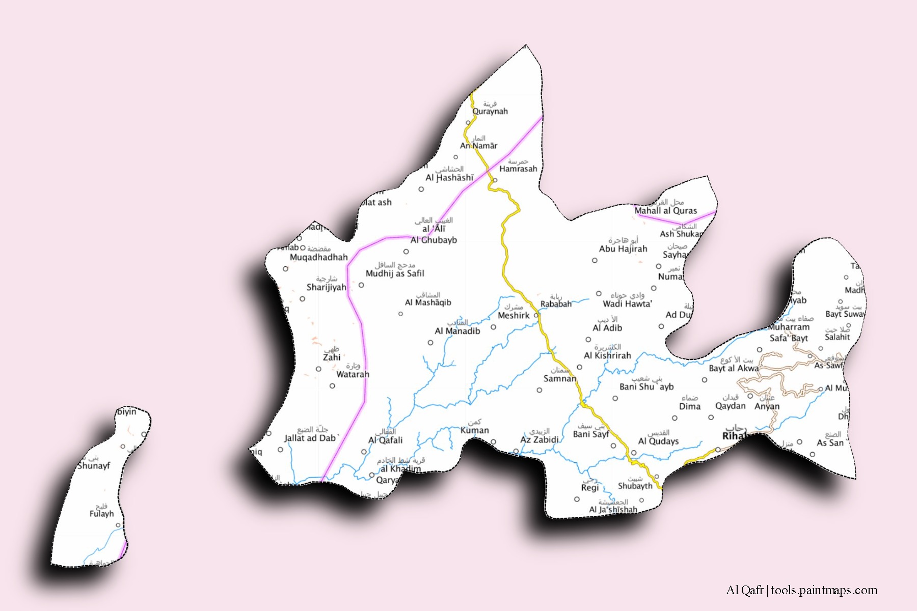 3D gölge efektli Al Qafr mahalleleri ve köyleri haritası