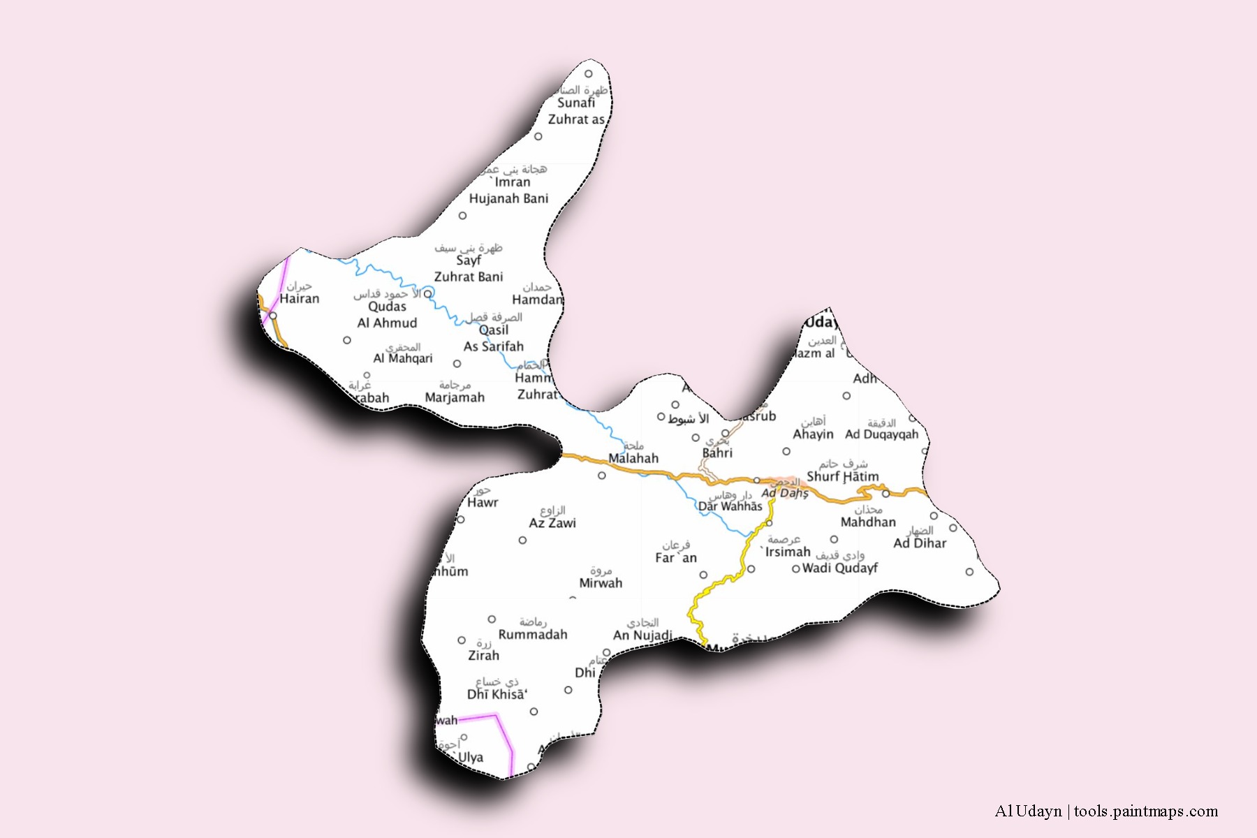 Al Udayn neighborhoods and villages map with 3D shadow effect